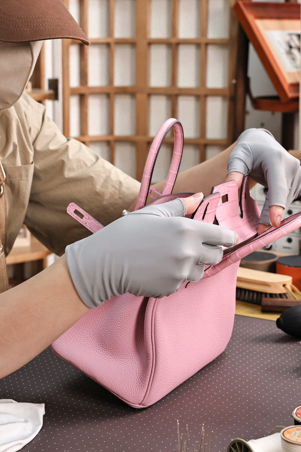 BK-2024 All Handmade Golden /Sliver Hardware Cherry Pink Crocodile/Togo leather