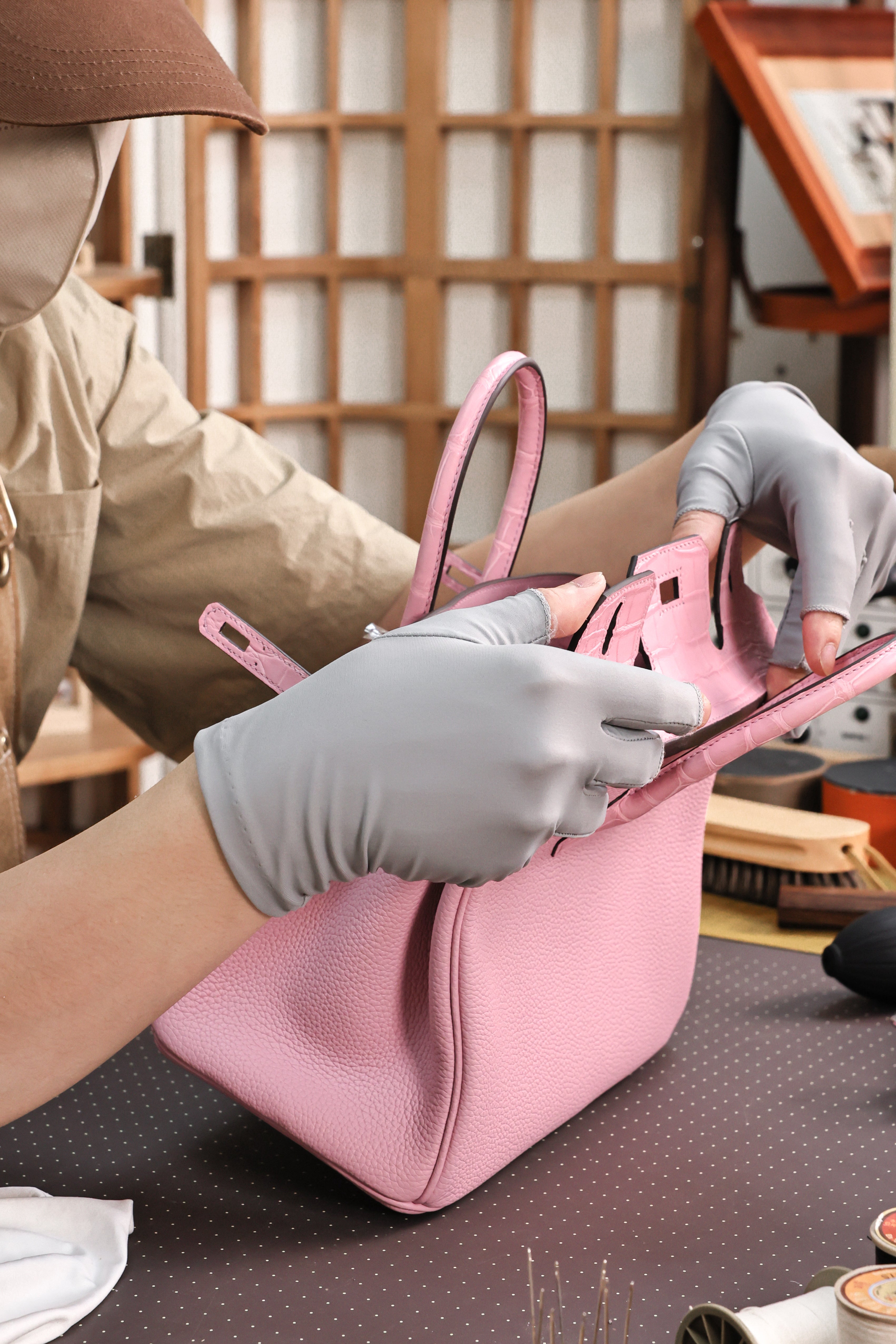 BK-2024 All Handmade Golden /Sliver Hardware Cherry Pink Crocodile/Togo leather