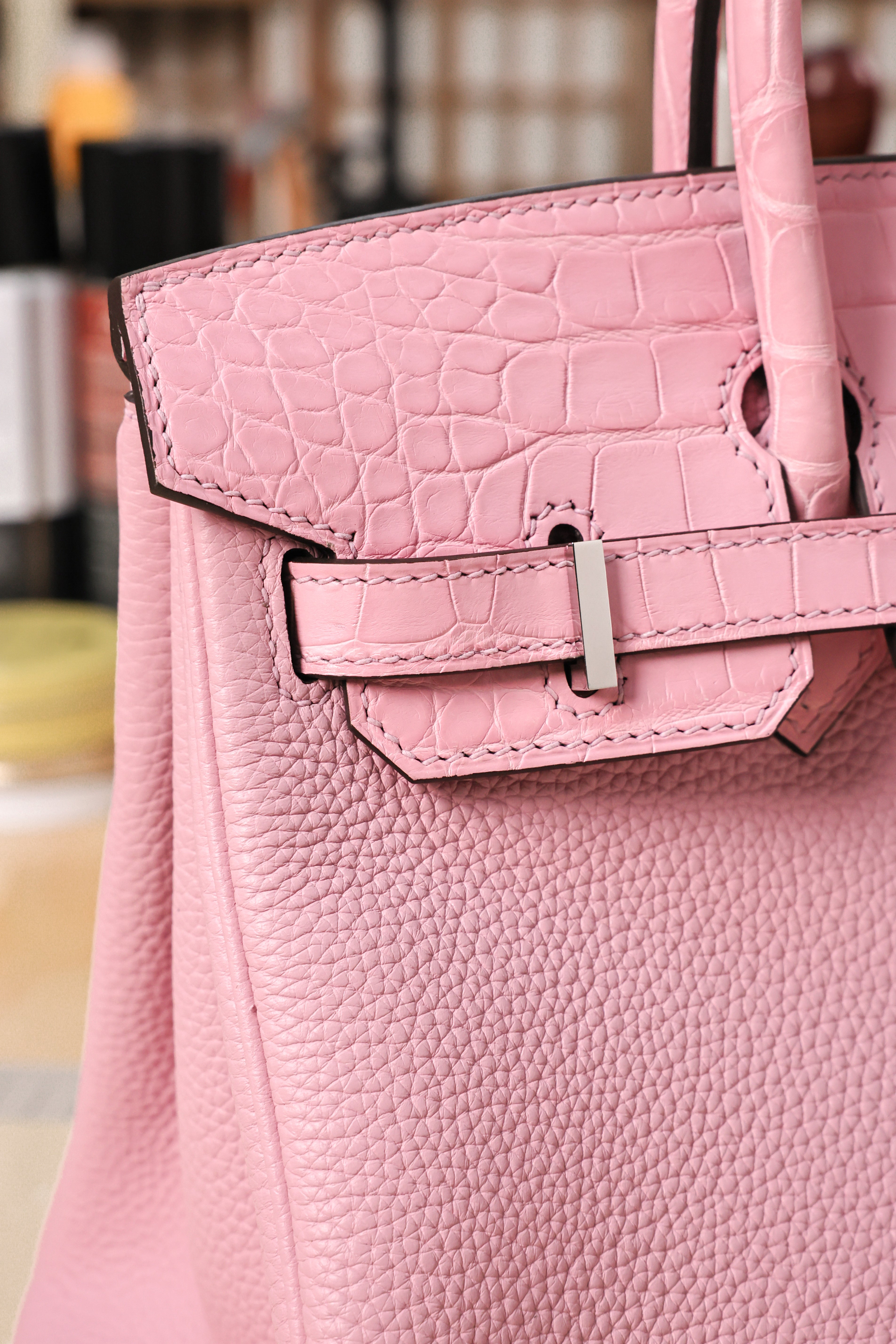 BK-2024 All Handmade Golden /Sliver Hardware Cherry Pink Crocodile/Togo leather