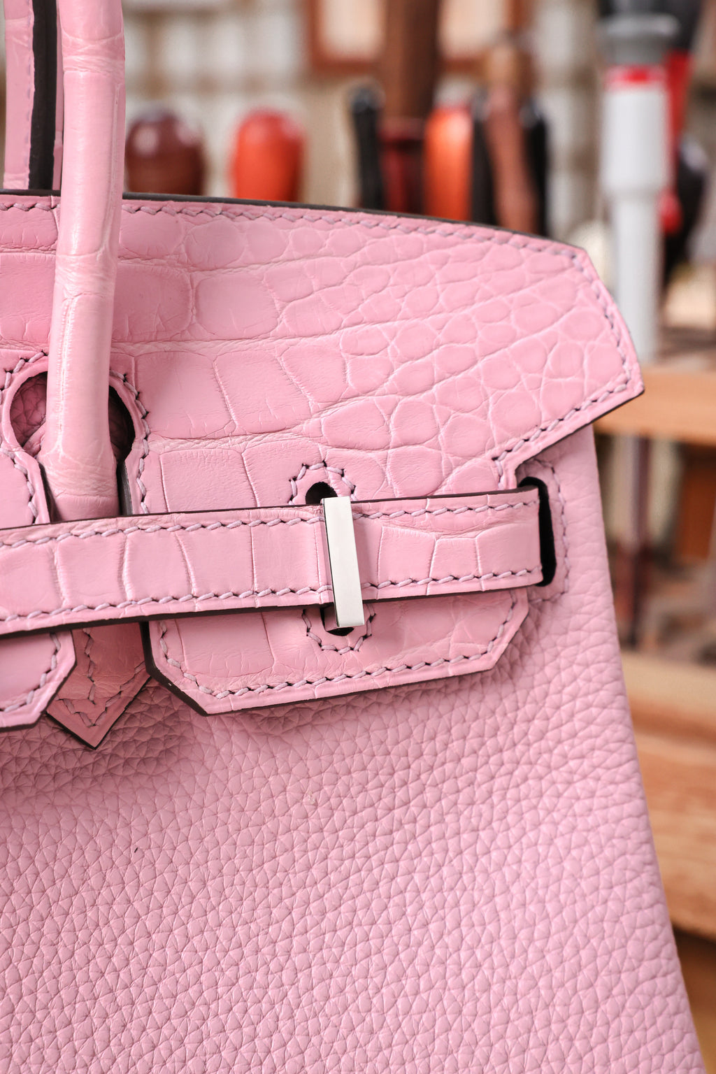 BK-2024 All Handmade Golden /Sliver Hardware Cherry Pink Crocodile/Togo leather