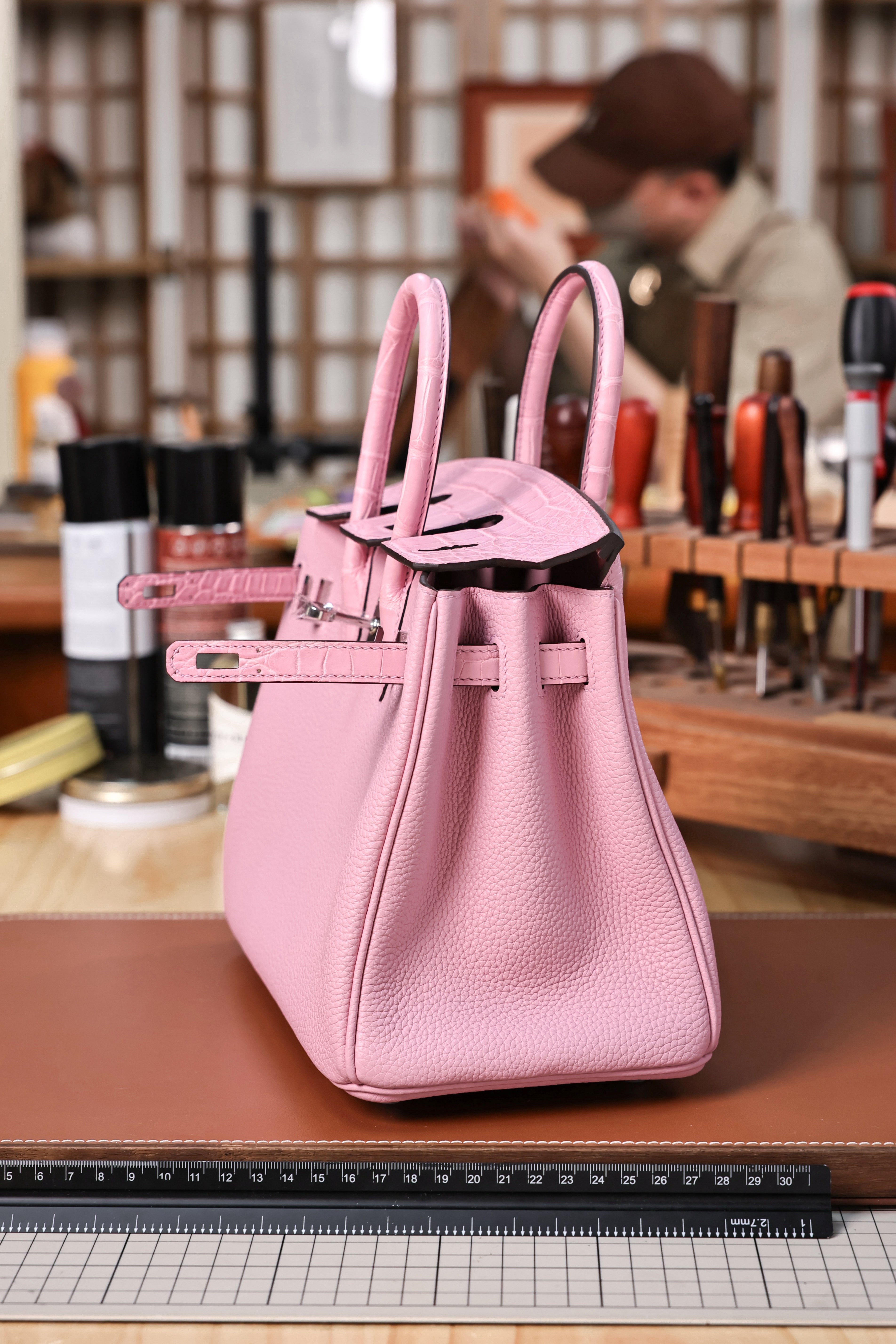 BK-2024 All Handmade Golden /Sliver Hardware Cherry Pink Crocodile/Togo leather