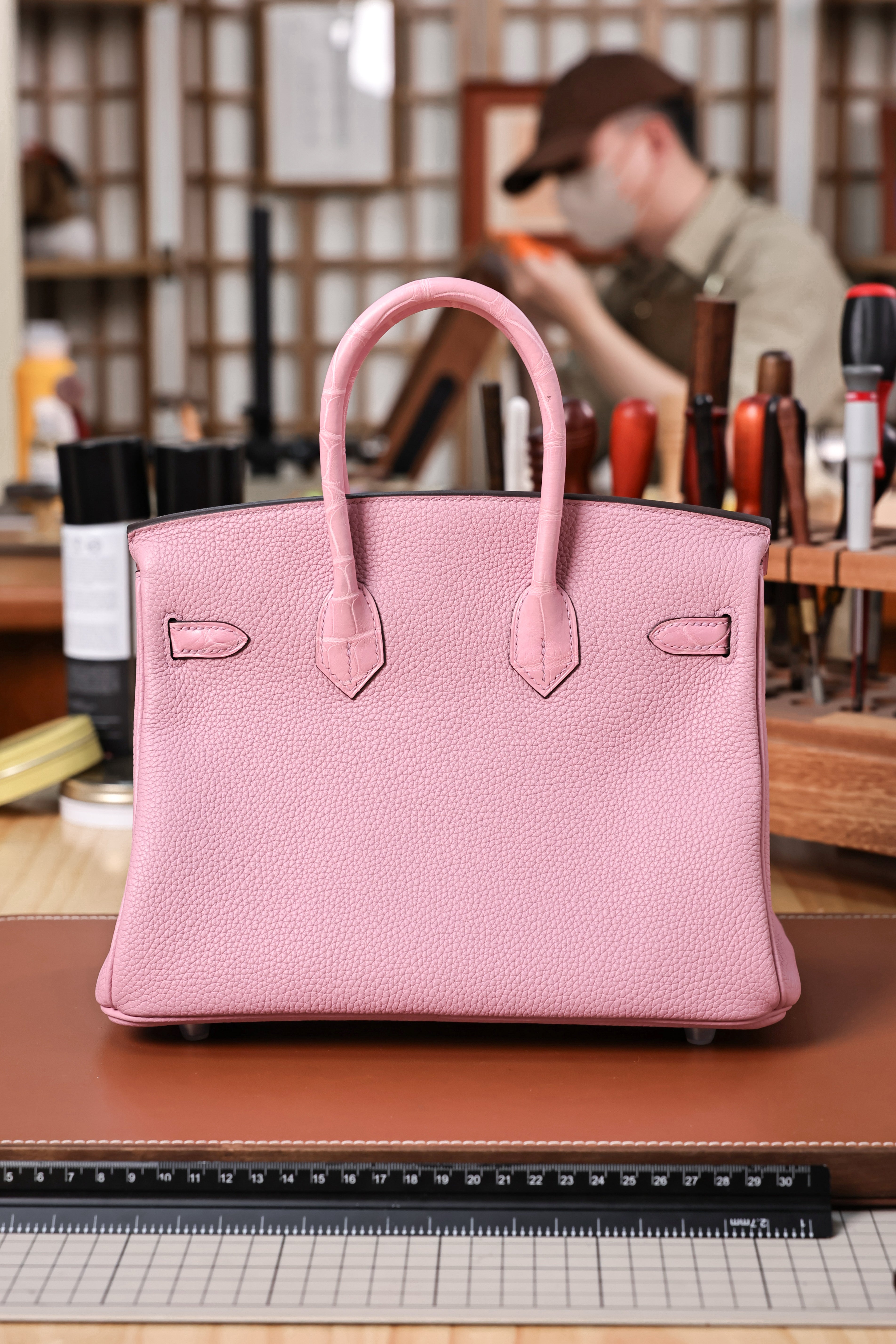 BK-2024 All Handmade Golden /Sliver Hardware Cherry Pink Crocodile/Togo leather