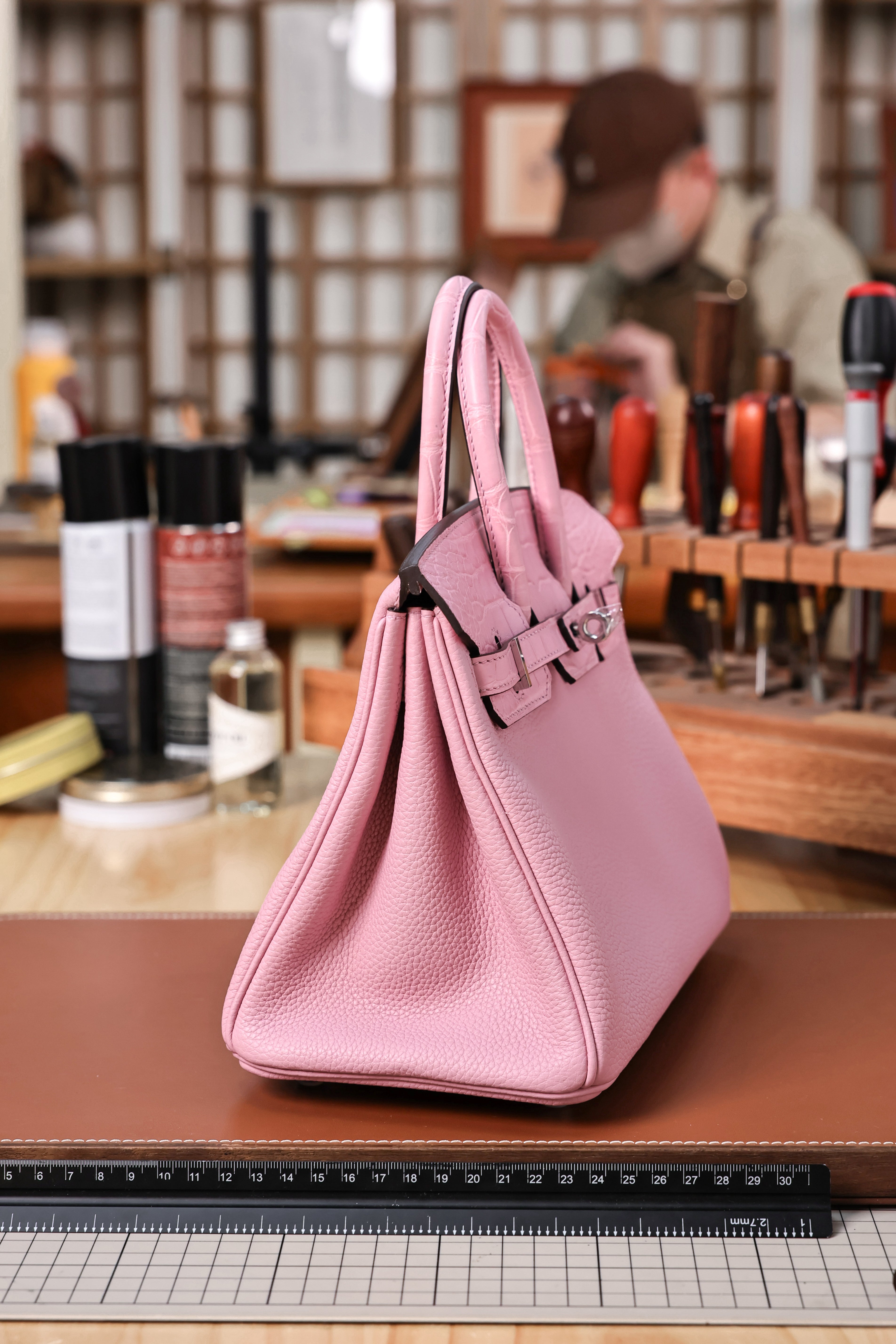 BK-2024 All Handmade Golden /Sliver Hardware Cherry Pink Crocodile/Togo leather