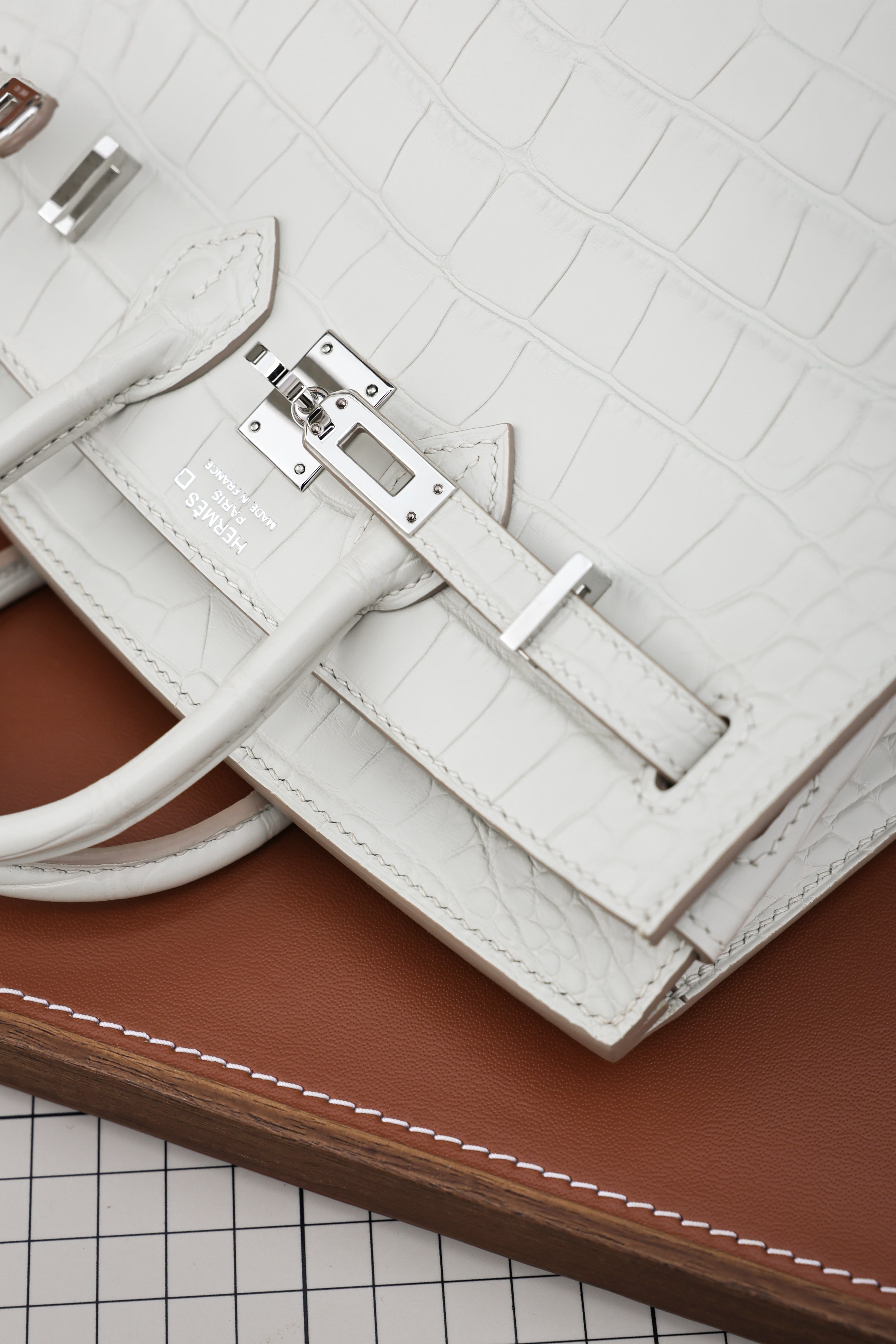 BK-2024 All Handmade Sliver Hardware White  Matte American crocodile leather