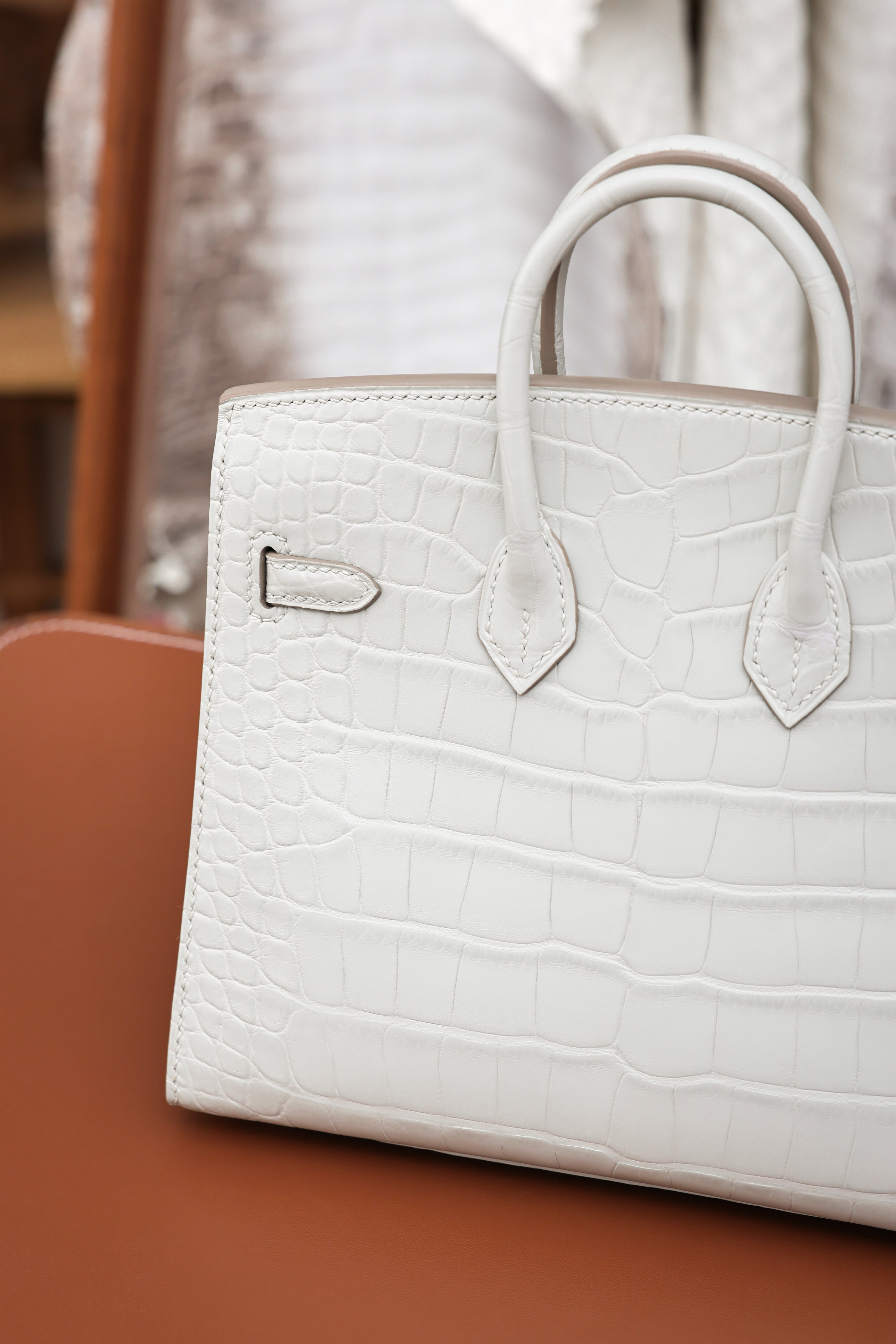 BK-2024 All Handmade Sliver Hardware White  Matte American crocodile leather