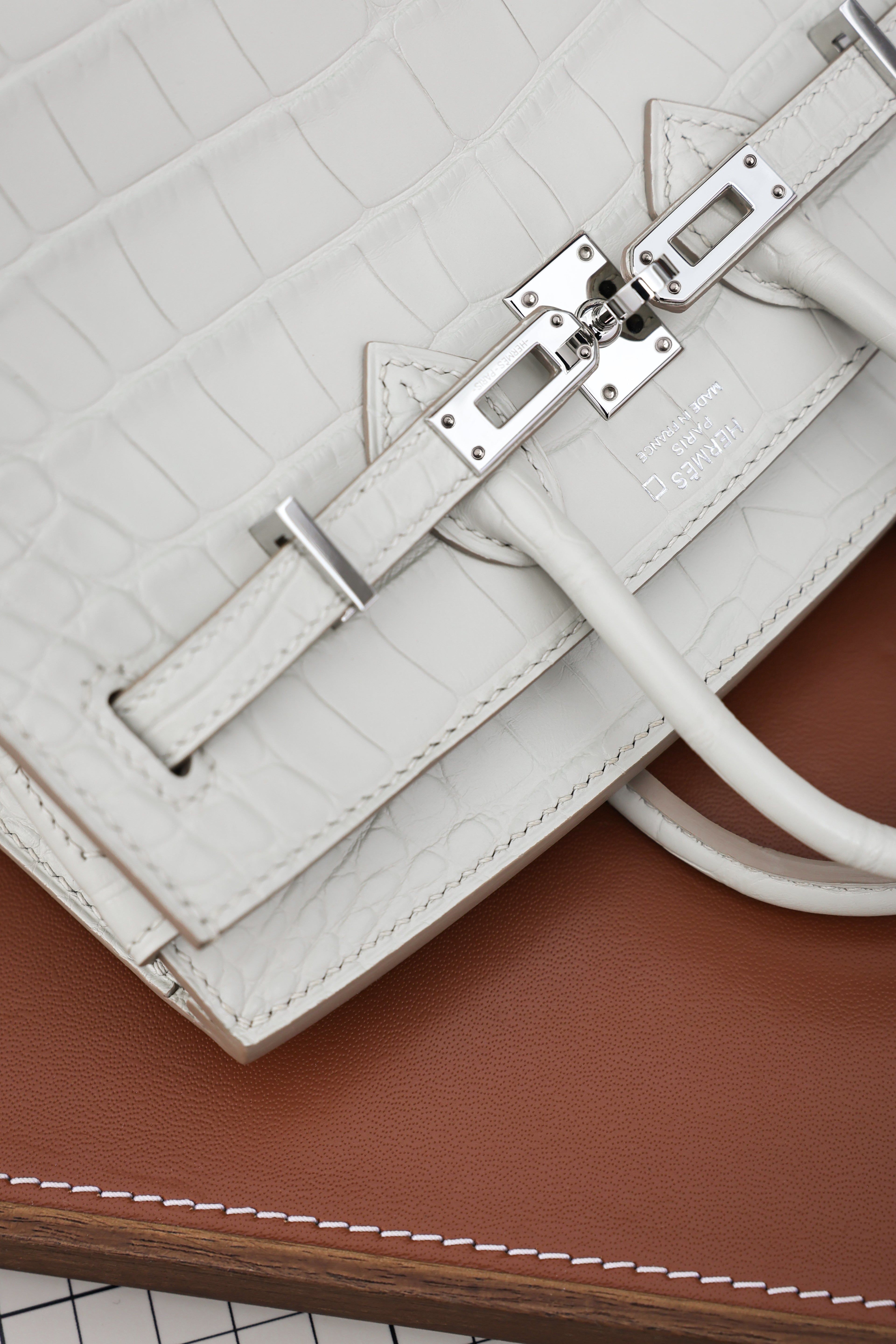 BK-2024 All Handmade Sliver Hardware White  Matte American crocodile leather