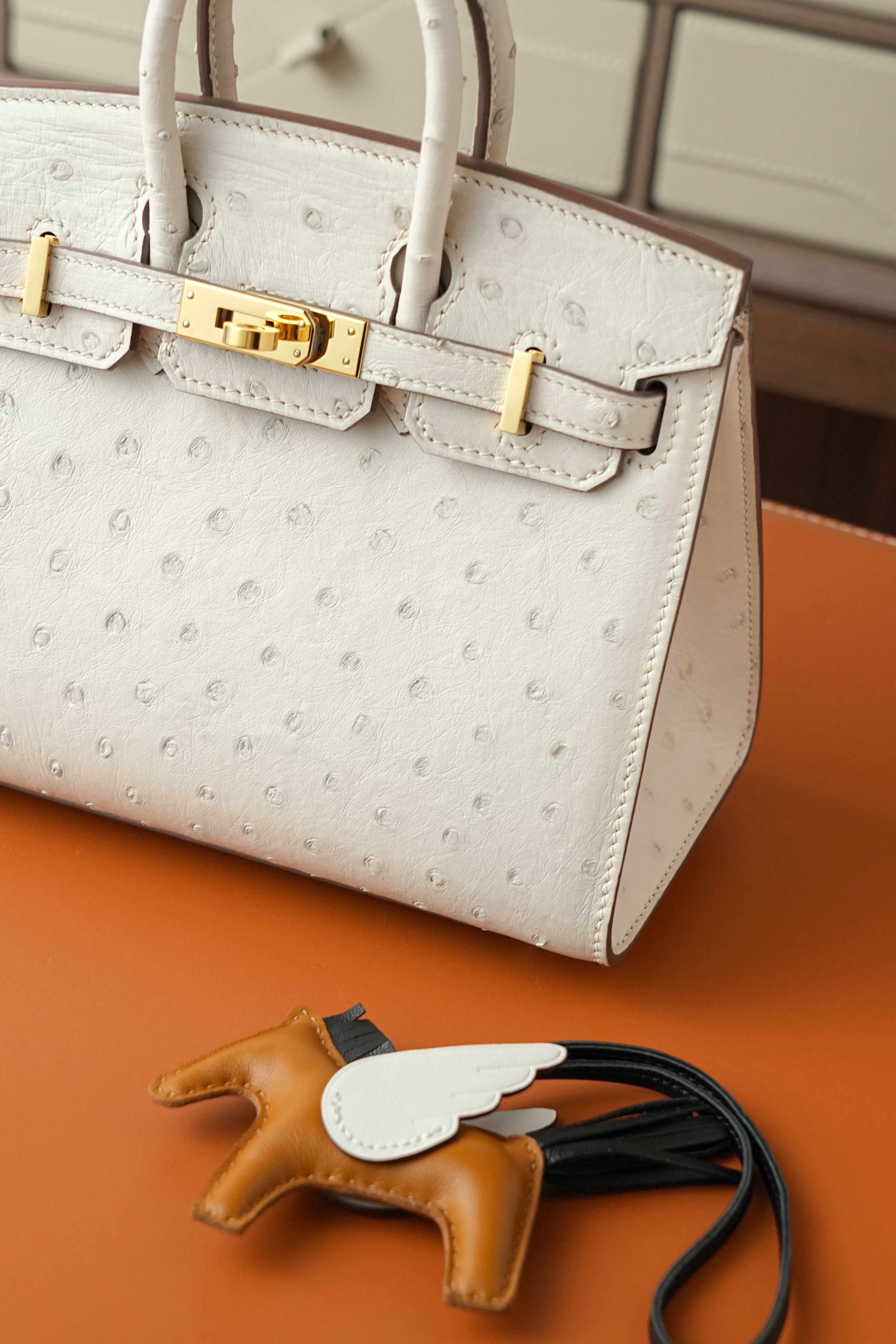BK-2024 All Handmade Golden / Sliver Hardware Craie ostrich leather