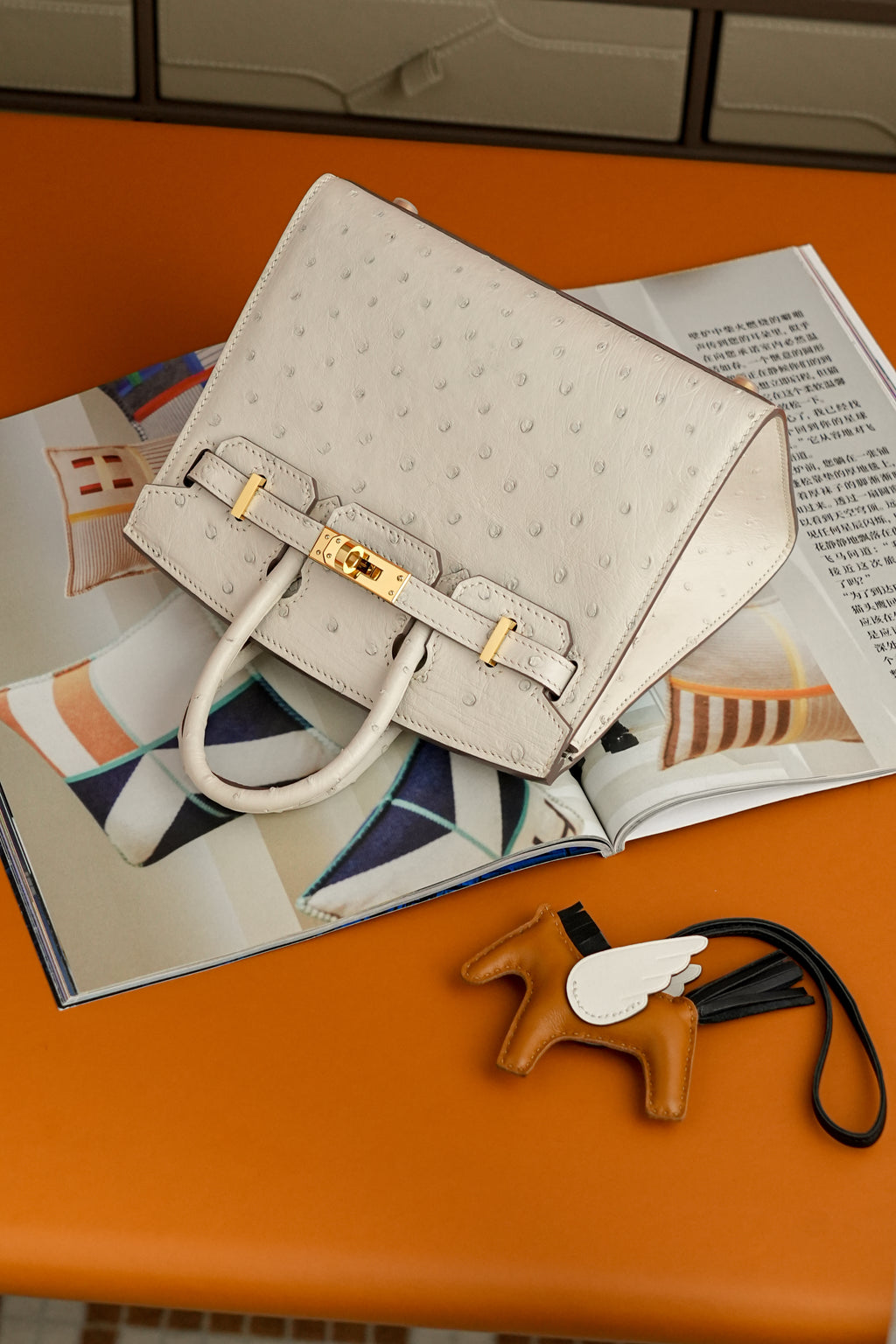 BK-2024 All Handmade Golden / Sliver Hardware Craie ostrich leather