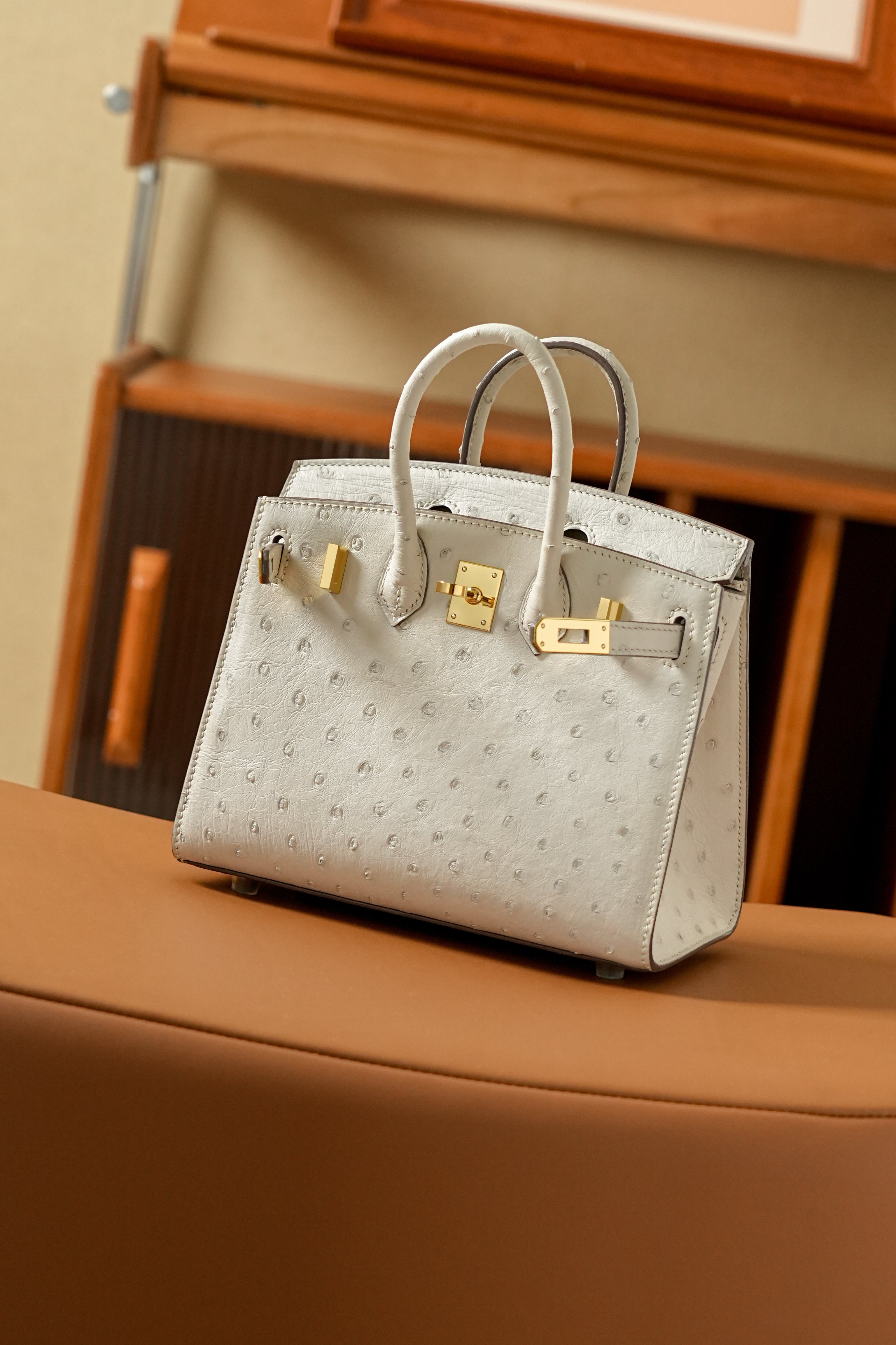 BK-2024 All Handmade Golden / Sliver Hardware Craie ostrich leather
