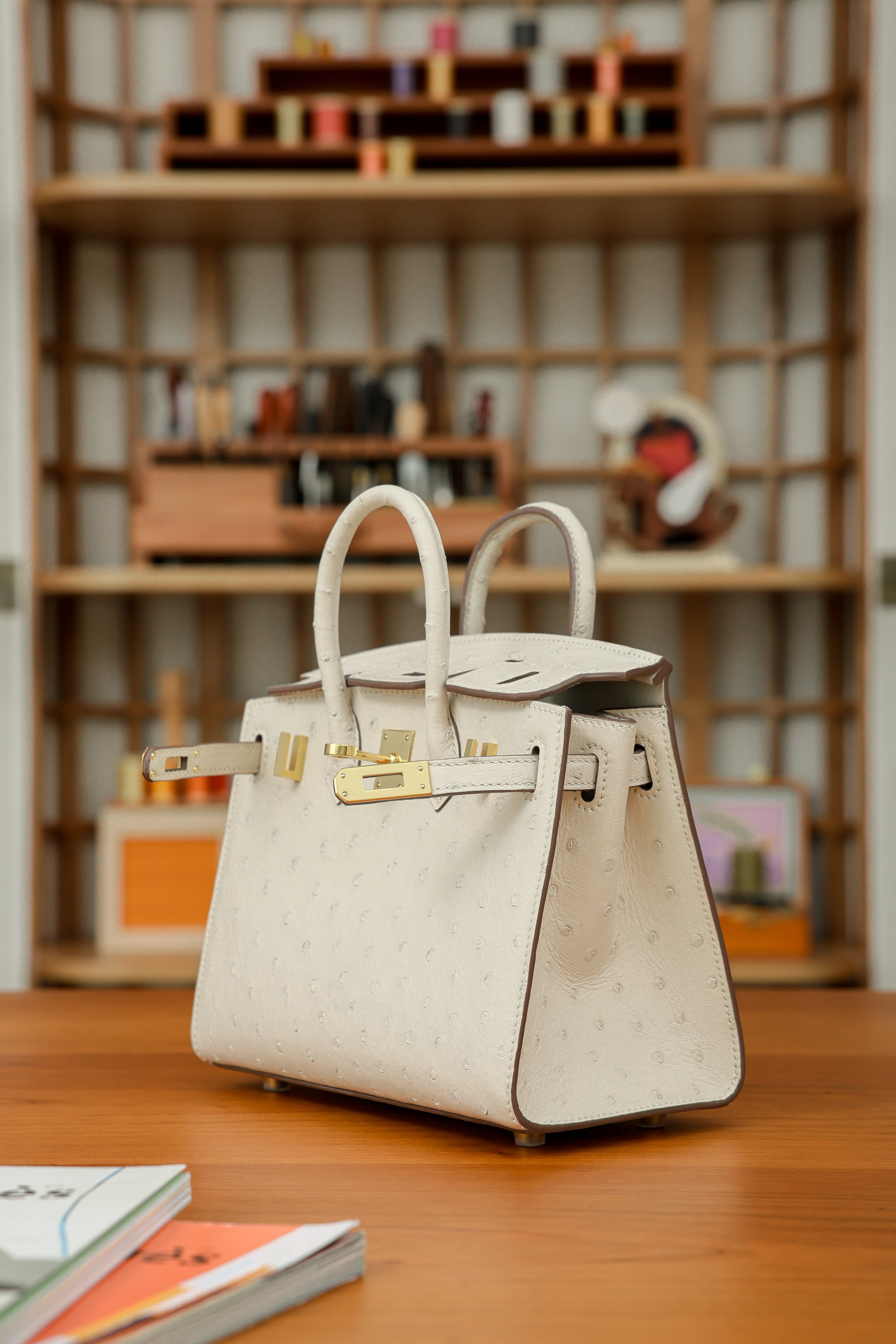 BK-2024 All Handmade Golden / Sliver Hardware Craie ostrich leather