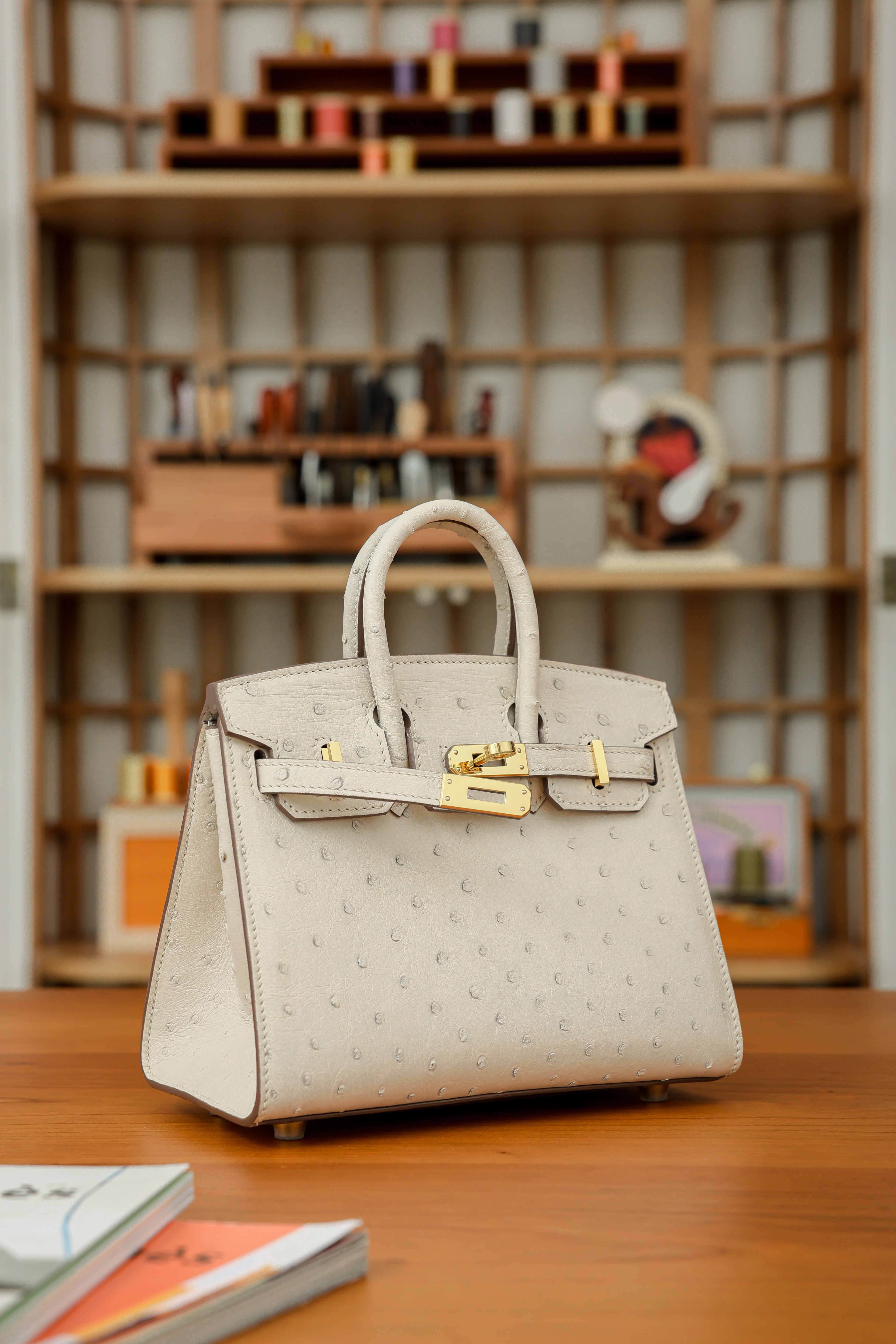 BK-2024 All Handmade Golden / Sliver Hardware Craie ostrich leather