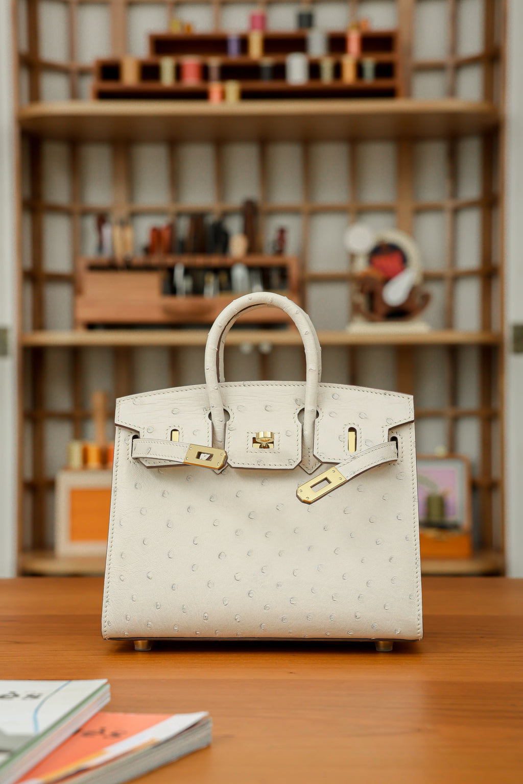 BK-2024 All Handmade Golden / Sliver Hardware Craie ostrich leather