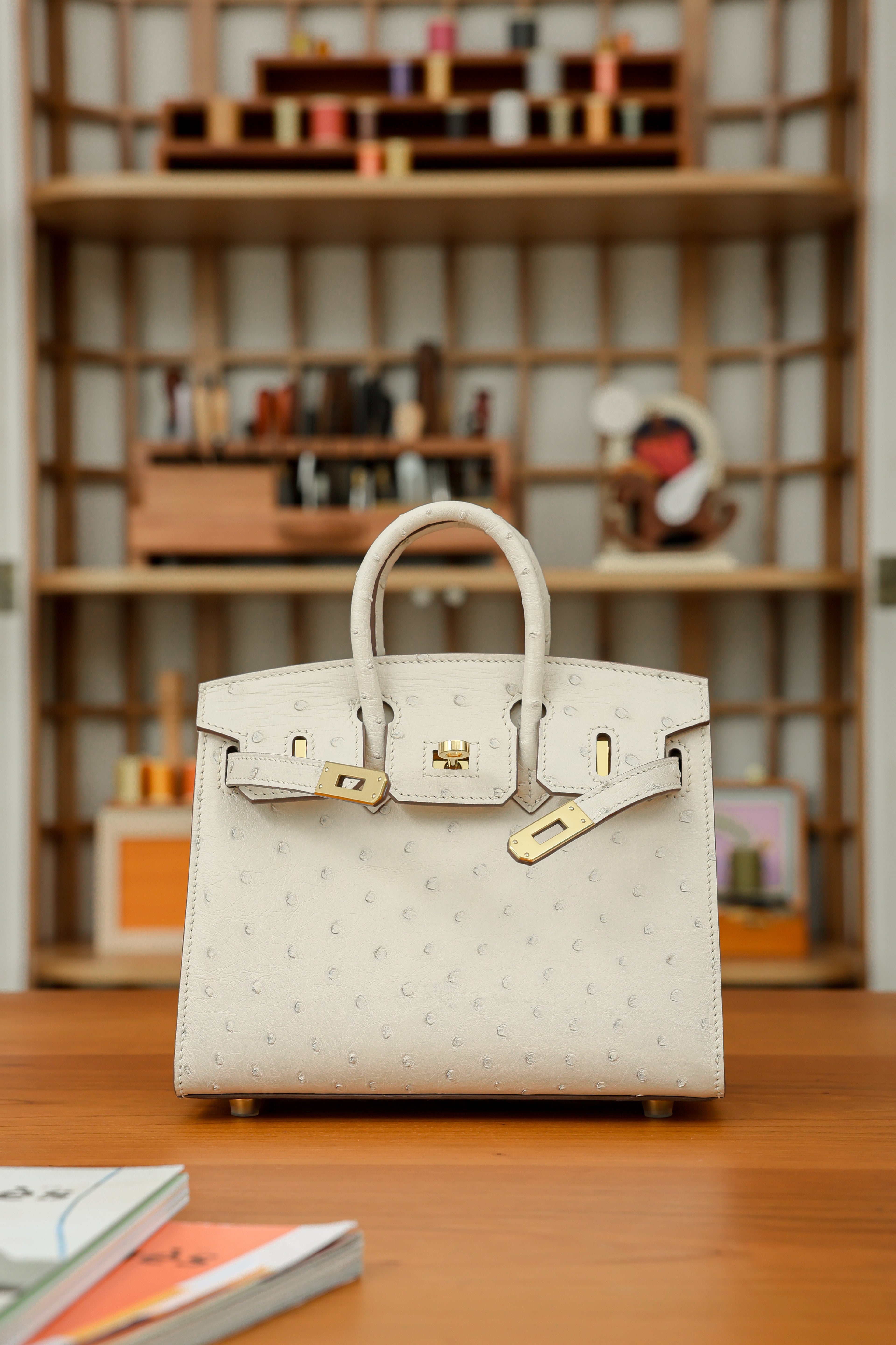 BK-2024 All Handmade Golden / Sliver Hardware Craie ostrich leather
