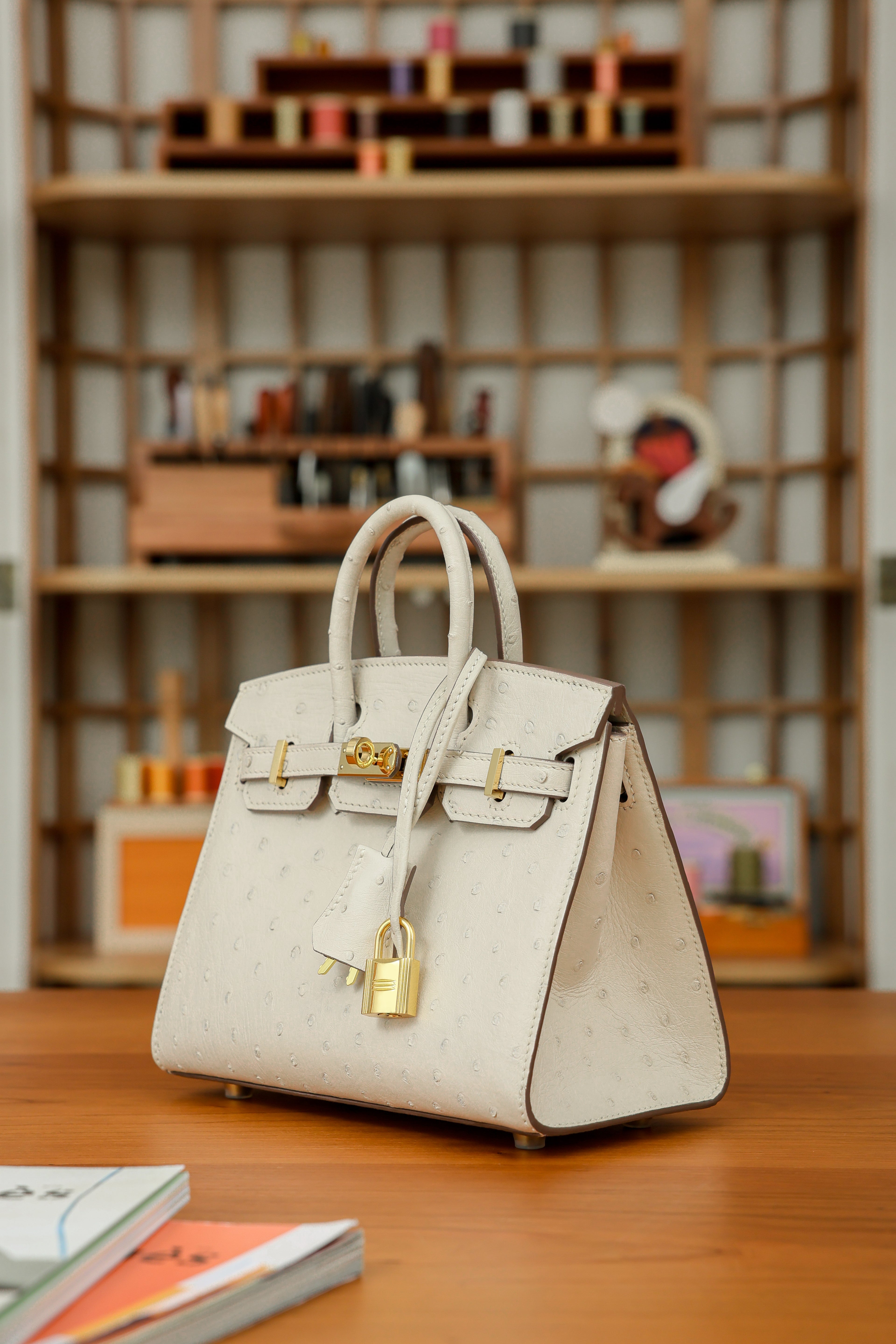 BK-2024 All Handmade Golden / Sliver Hardware Craie ostrich leather