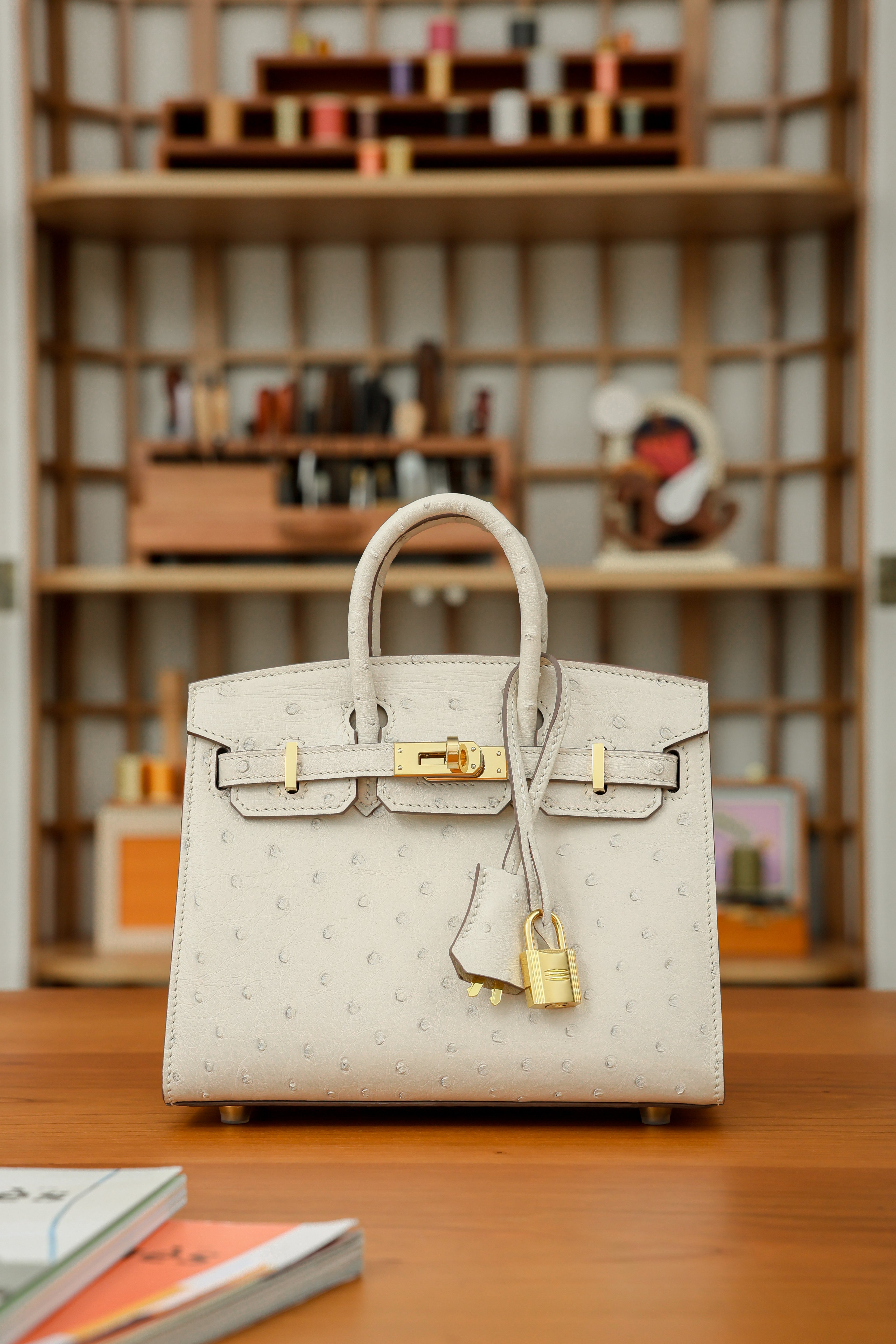 BK-2024 All Handmade Golden / Sliver Hardware Craie ostrich leather