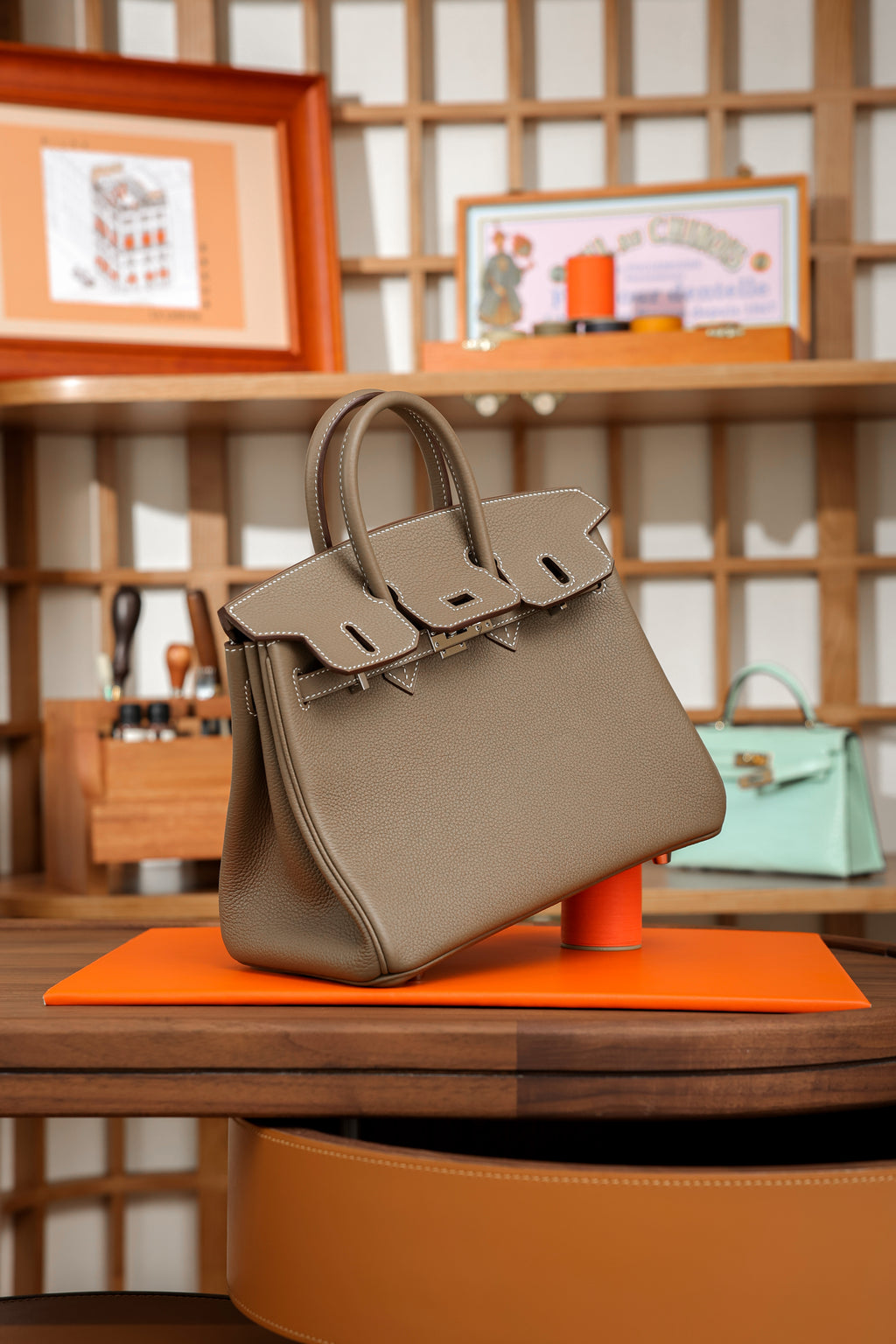 Birkin- All Handmade Golden / Sliver Etoupe swift leather