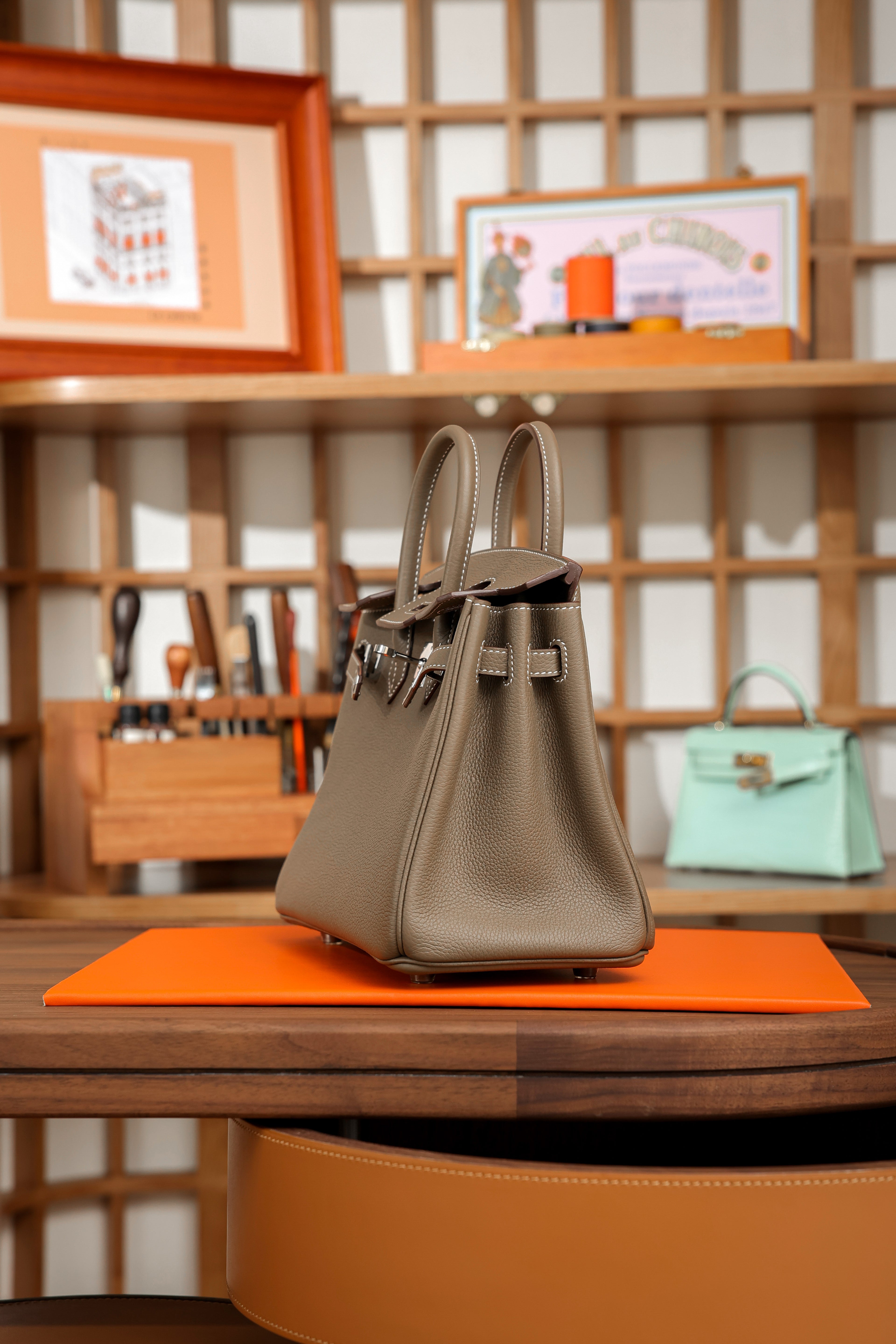 Birkin- All Handmade Golden / Sliver Etoupe swift leather