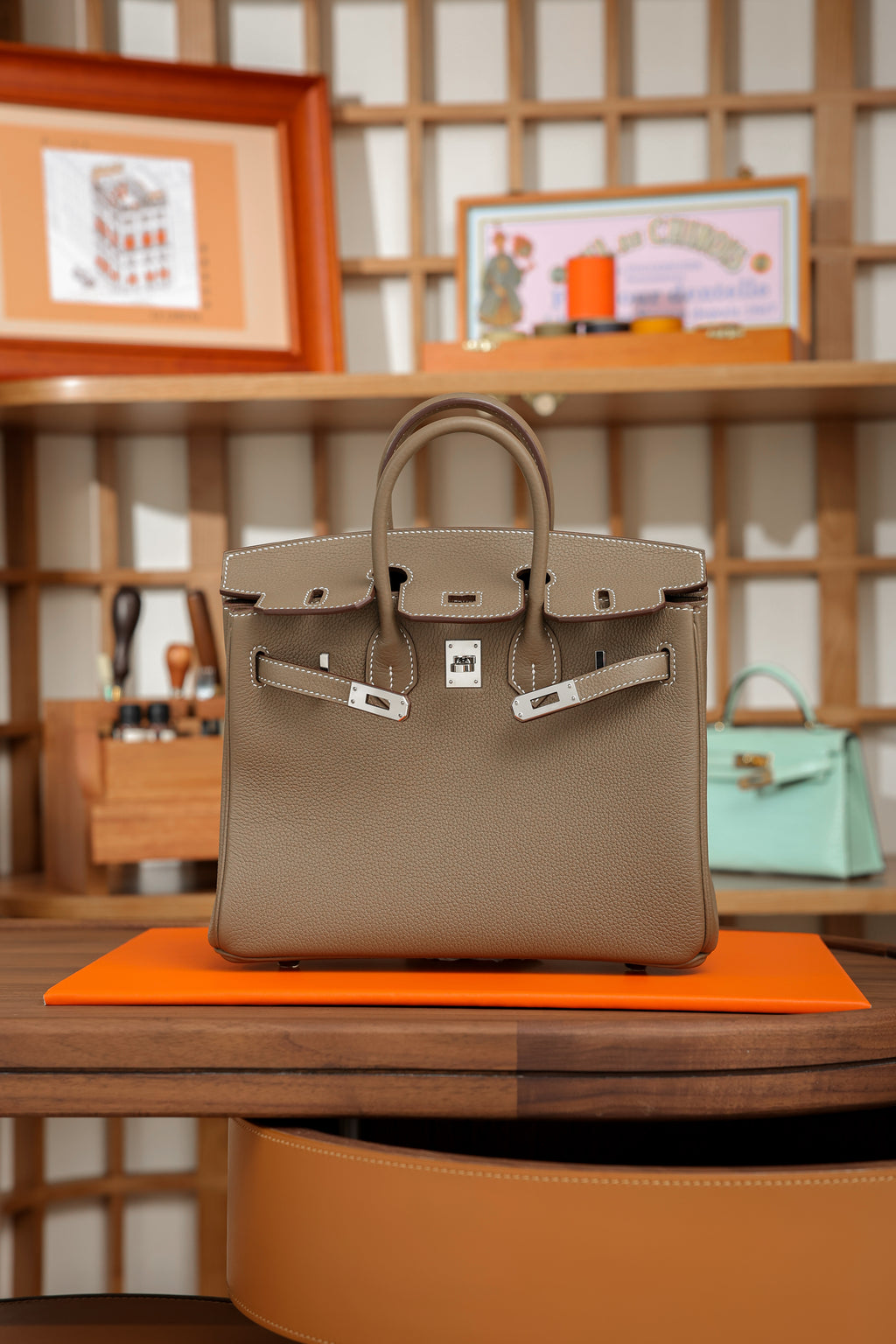 Birkin- All Handmade Golden / Sliver Etoupe swift leather