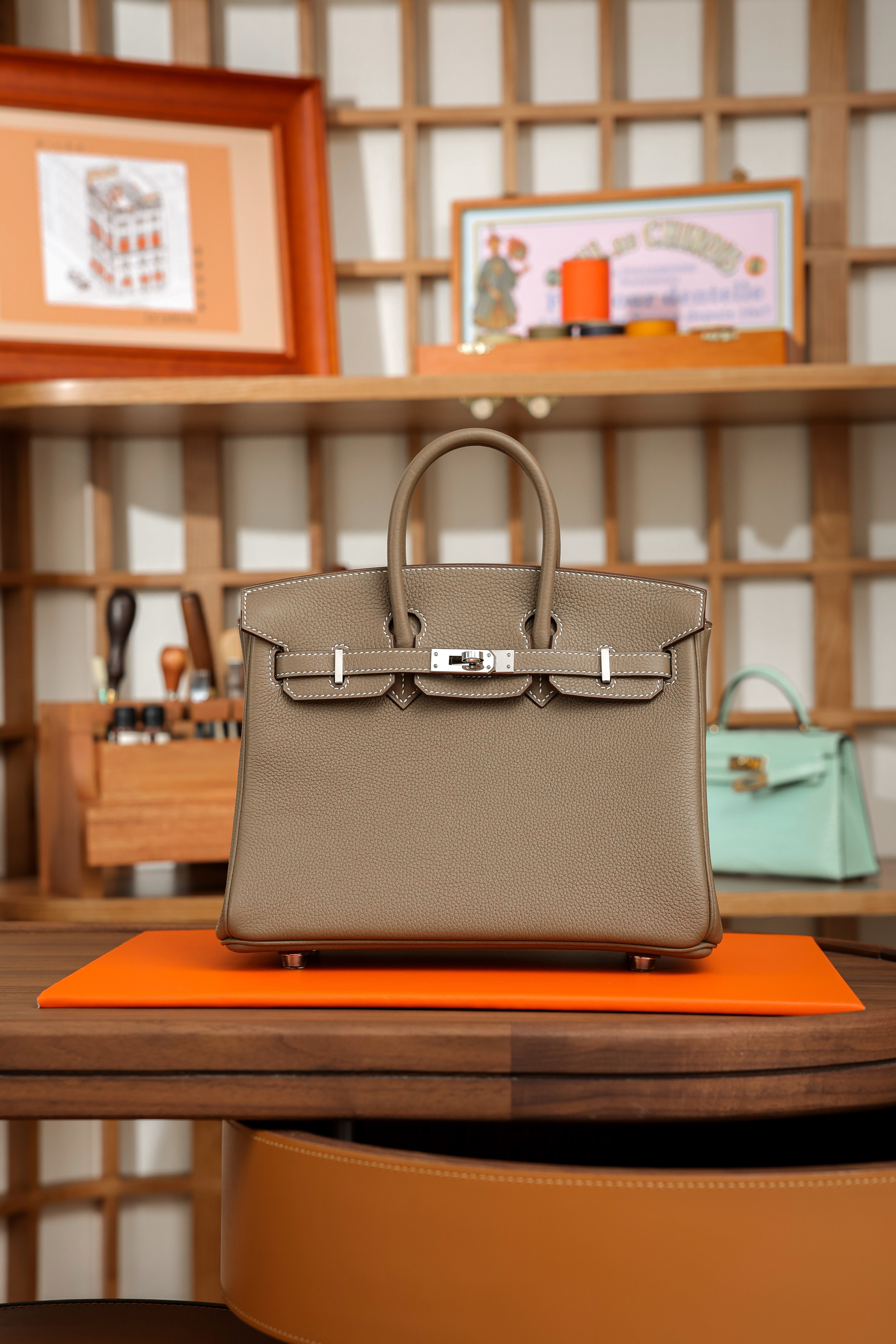 Birkin- All Handmade Golden / Sliver Etoupe swift leather