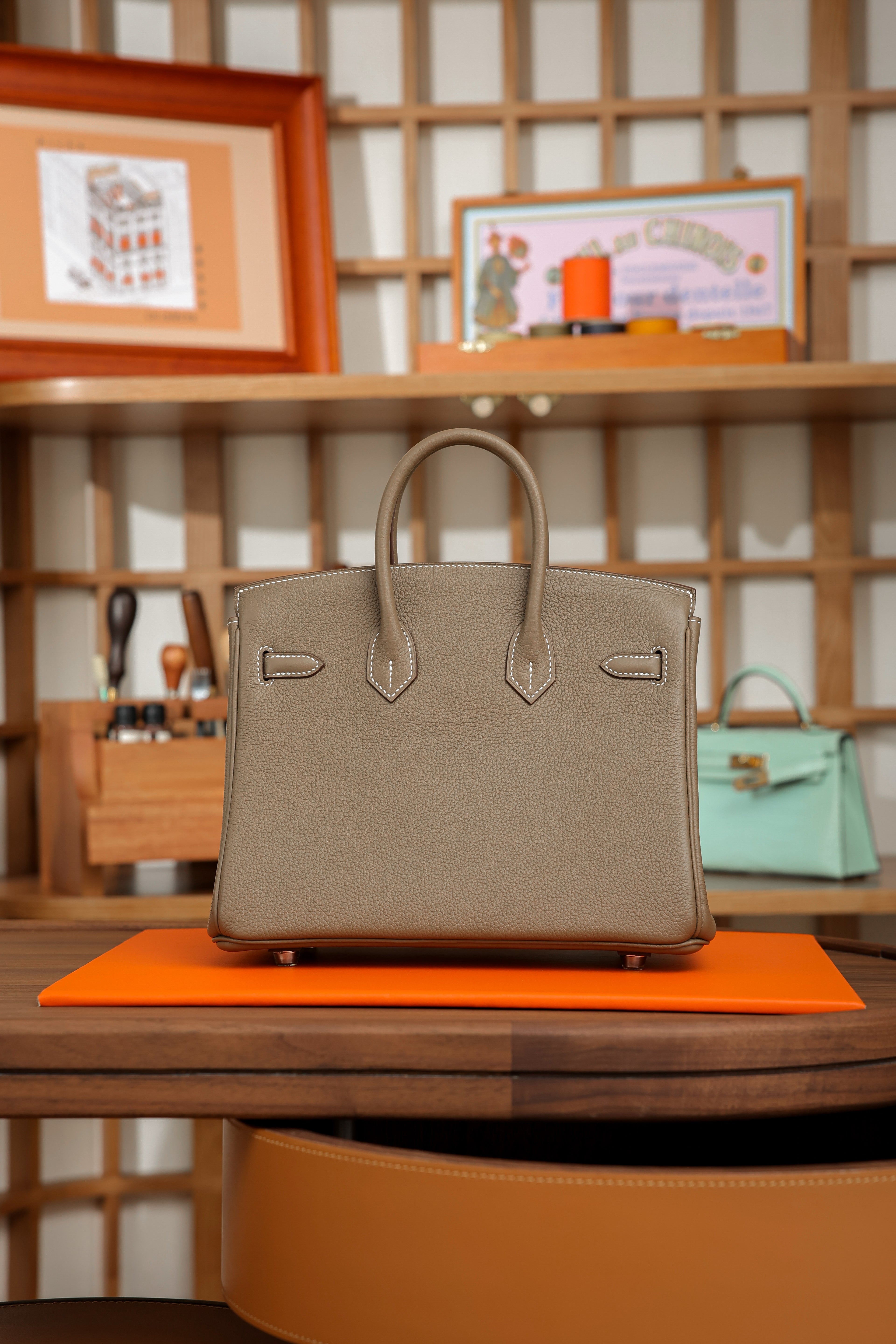 Birkin- All Handmade Golden / Sliver Etoupe swift leather