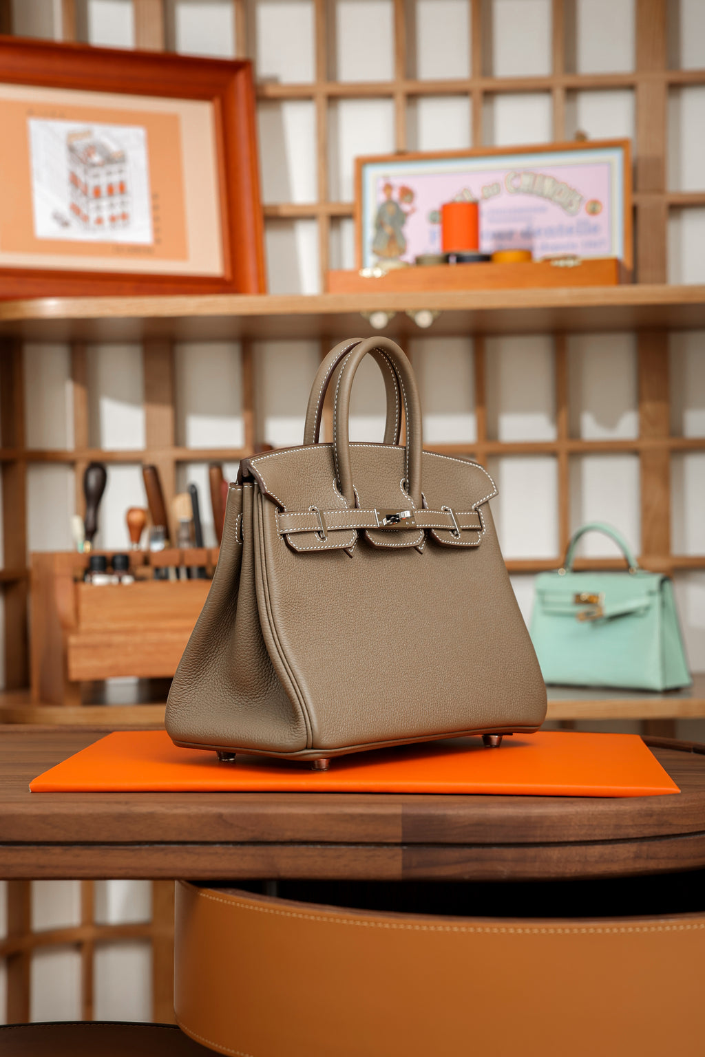 Birkin- All Handmade Golden / Sliver Etoupe swift leather