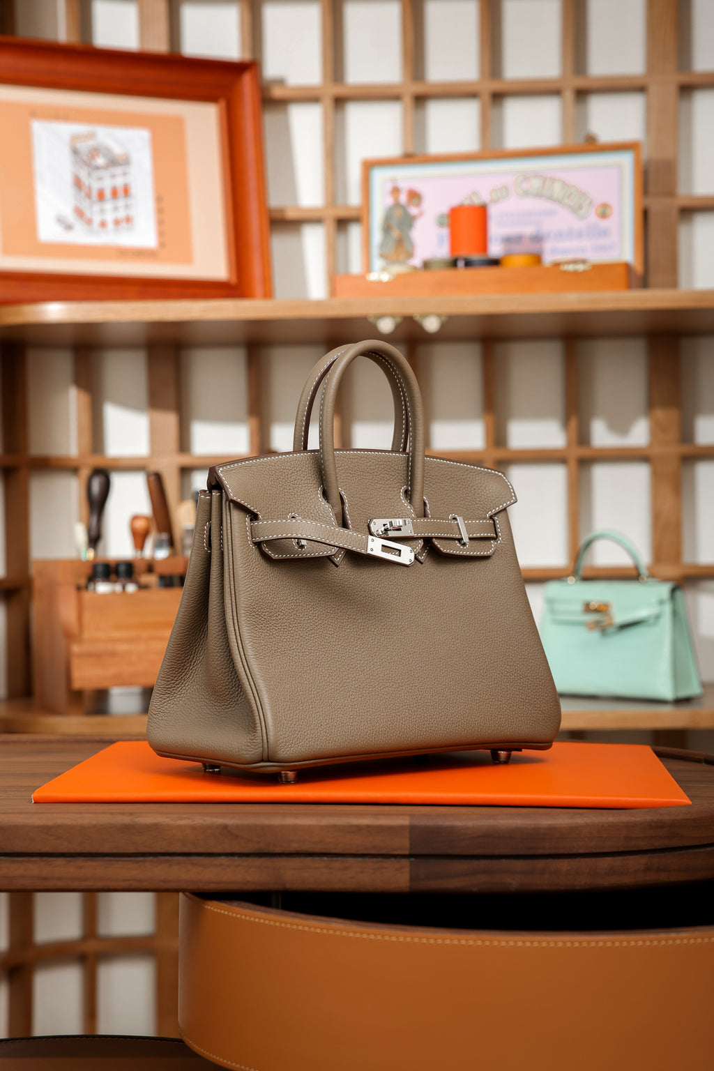 Birkin- All Handmade Golden / Sliver Etoupe swift leather