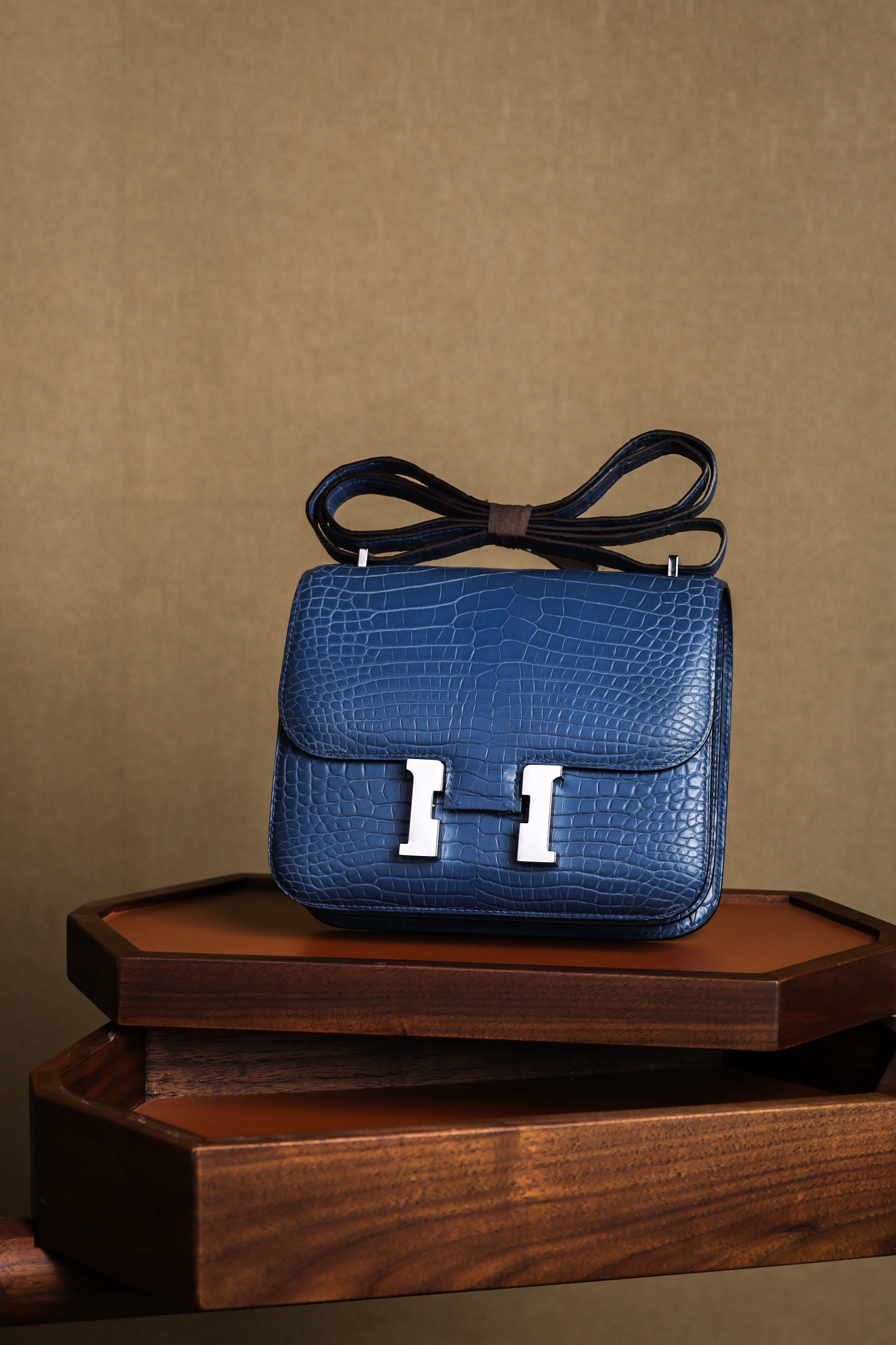 Constance- All Handmade Golden / Sliver Ocean blue Crocodile leather