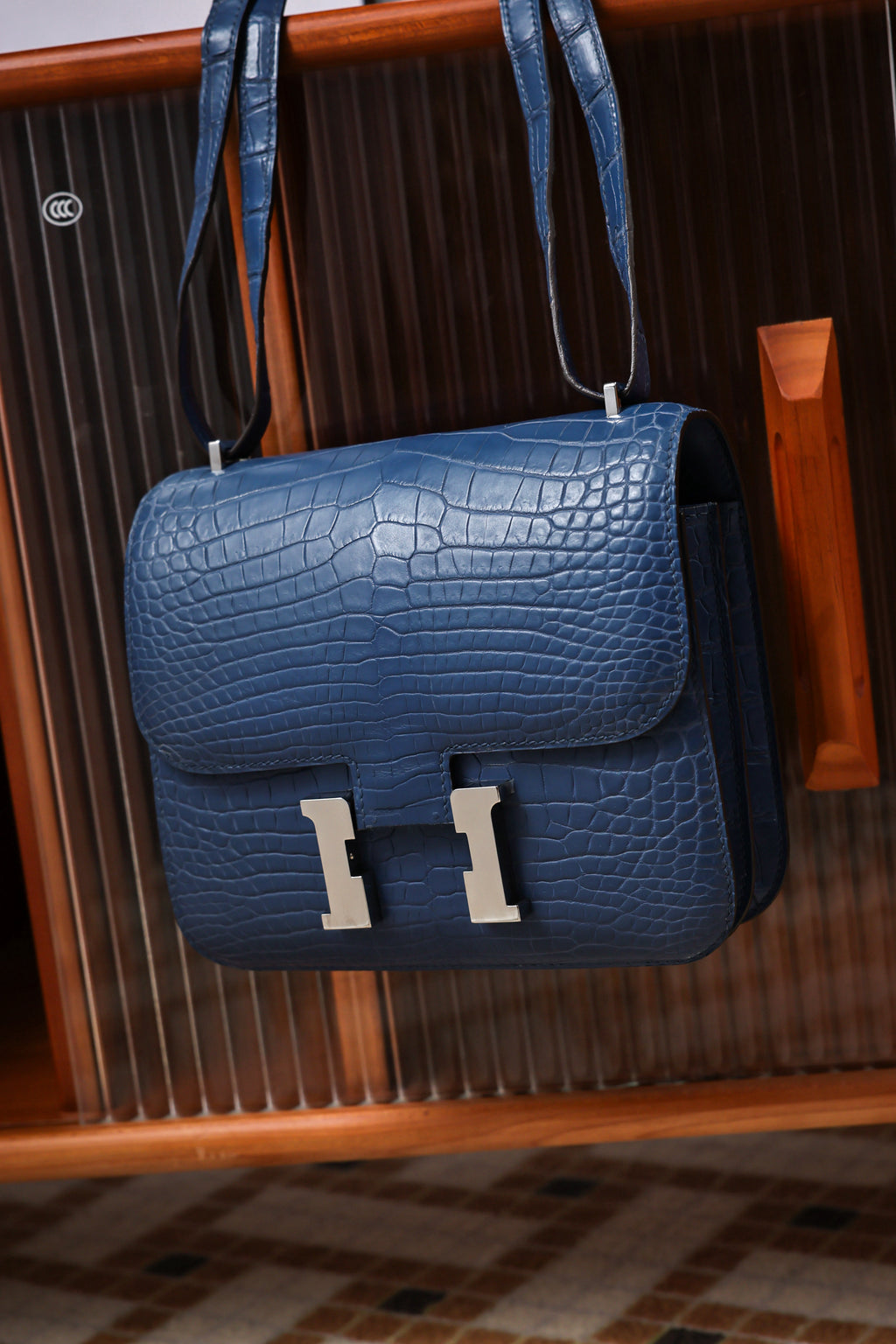 Constance- All Handmade Golden / Sliver Ocean blue Crocodile leather