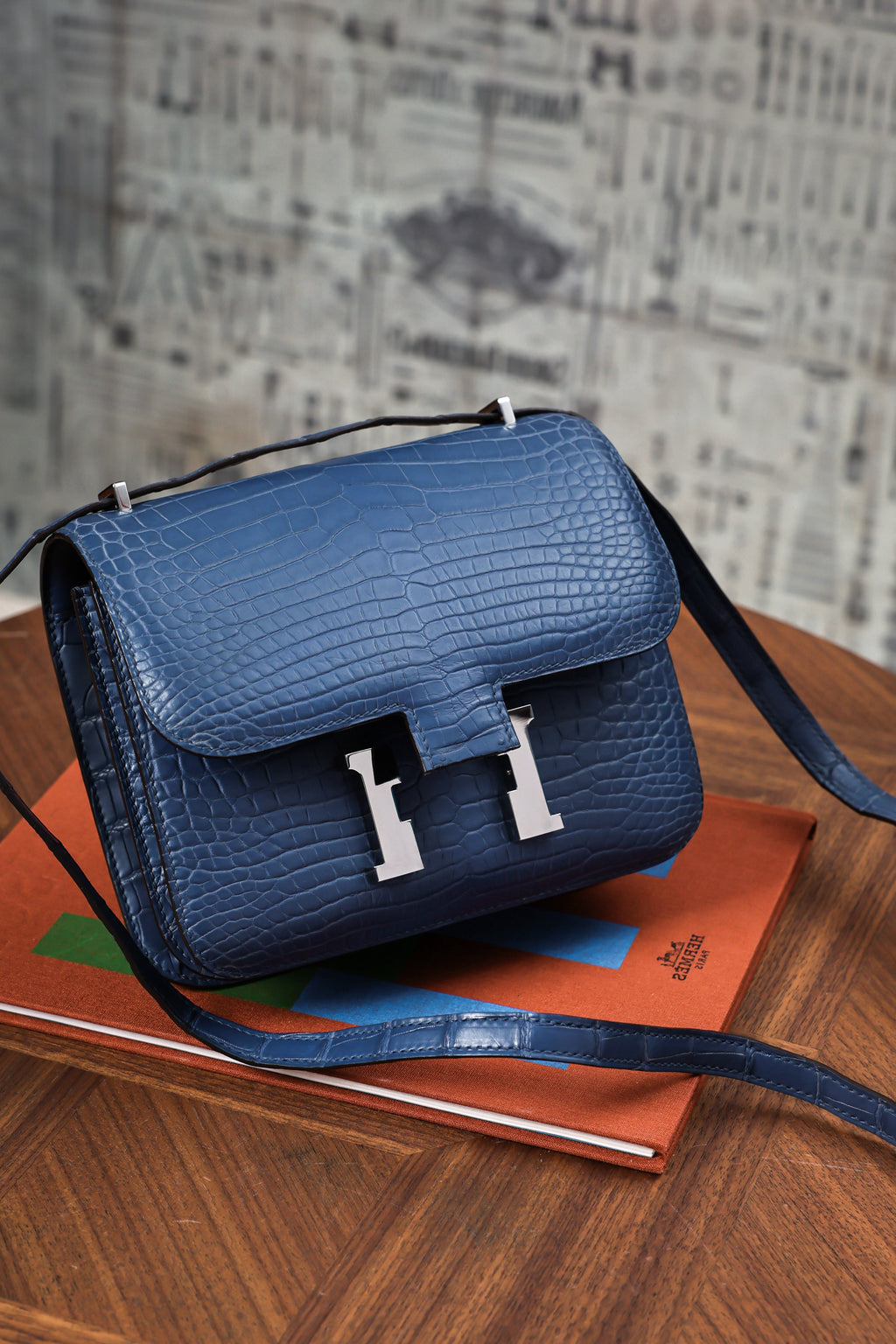 Constance- All Handmade Golden / Sliver Ocean blue Crocodile leather