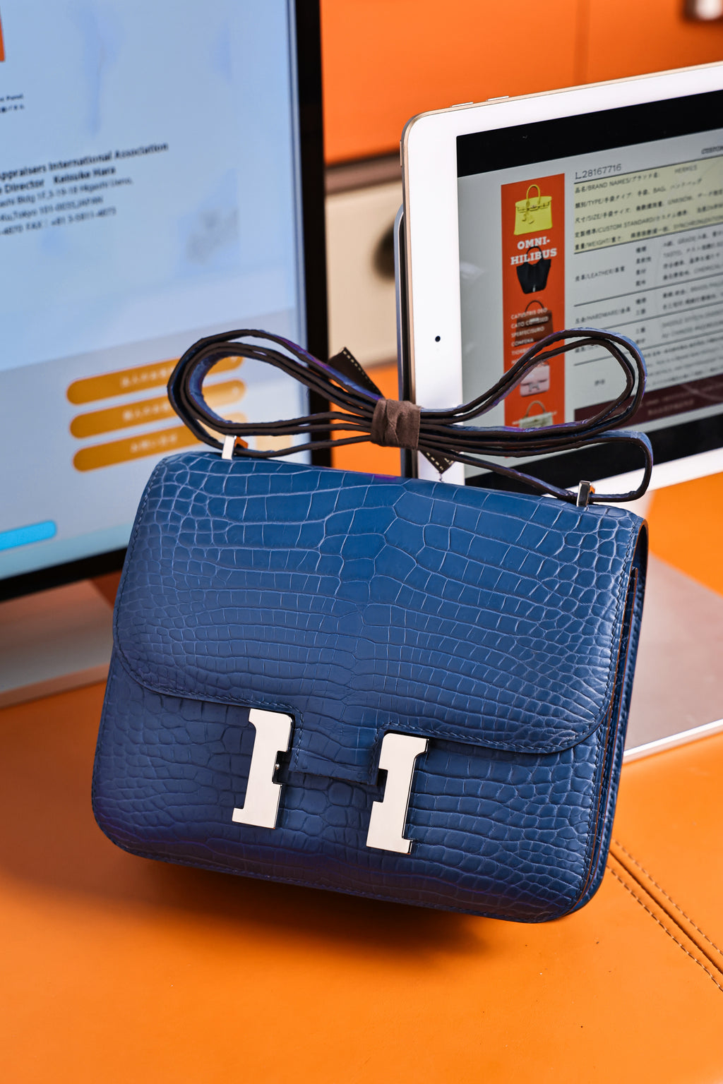 Constance- All Handmade Golden / Sliver Ocean blue Crocodile leather