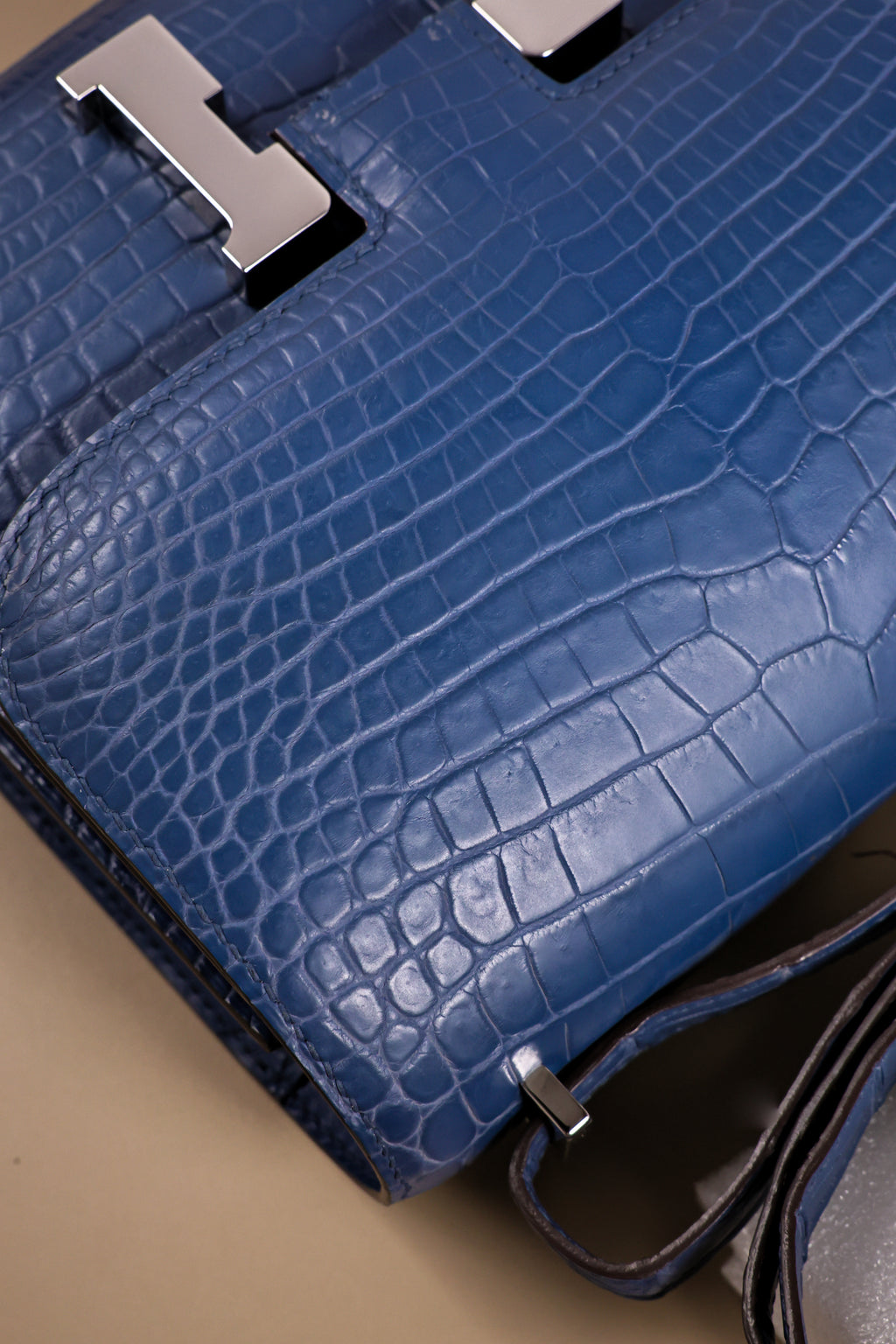 Constance- All Handmade Golden / Sliver Ocean blue Crocodile leather