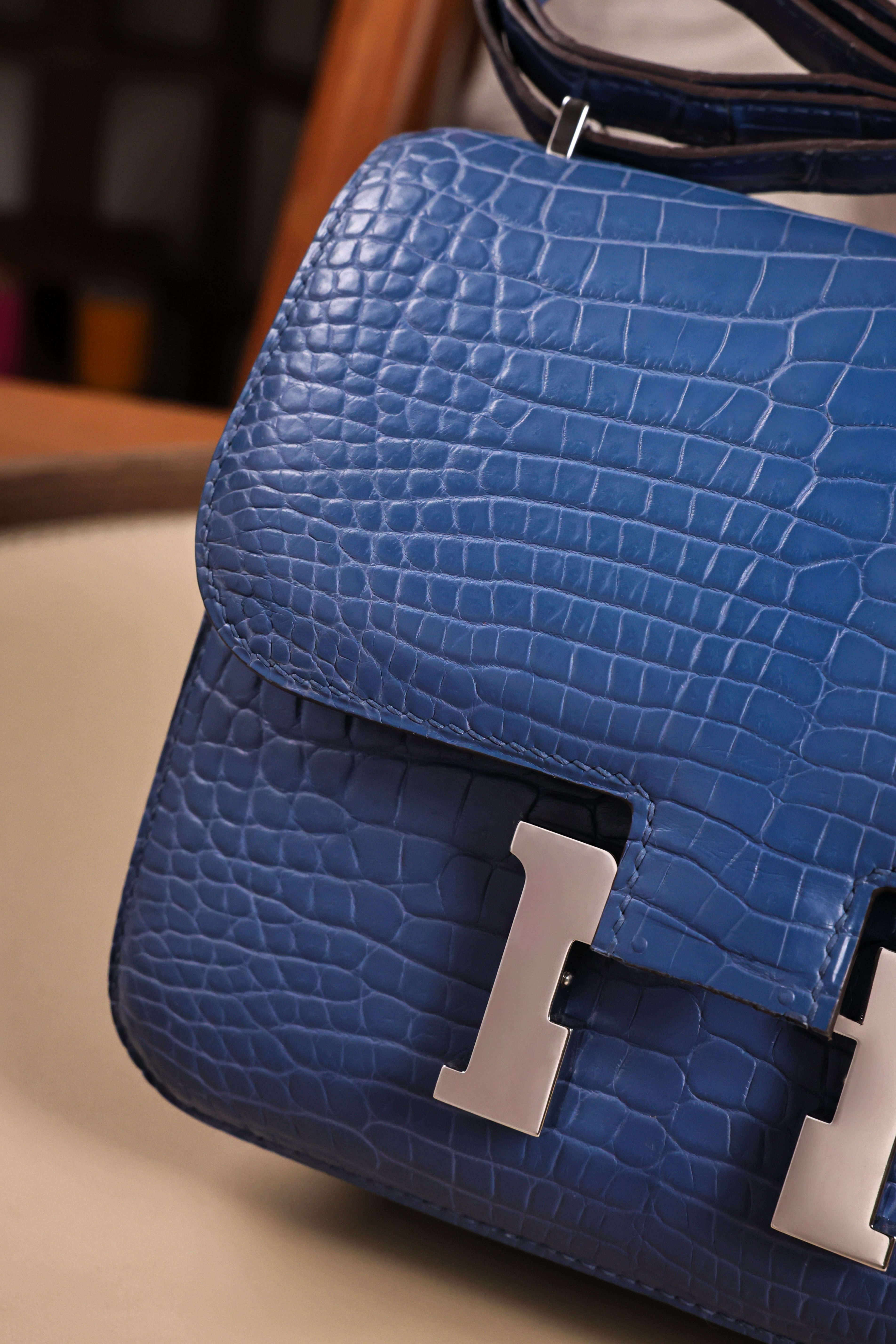 Constance- All Handmade Golden / Sliver Ocean blue Crocodile leather