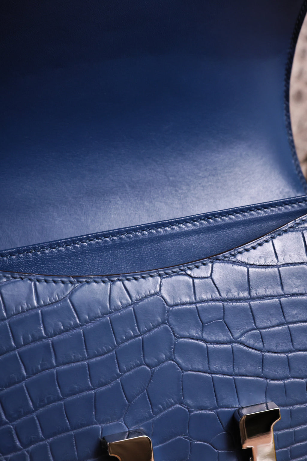 Constance- All Handmade Golden / Sliver Ocean blue Crocodile leather