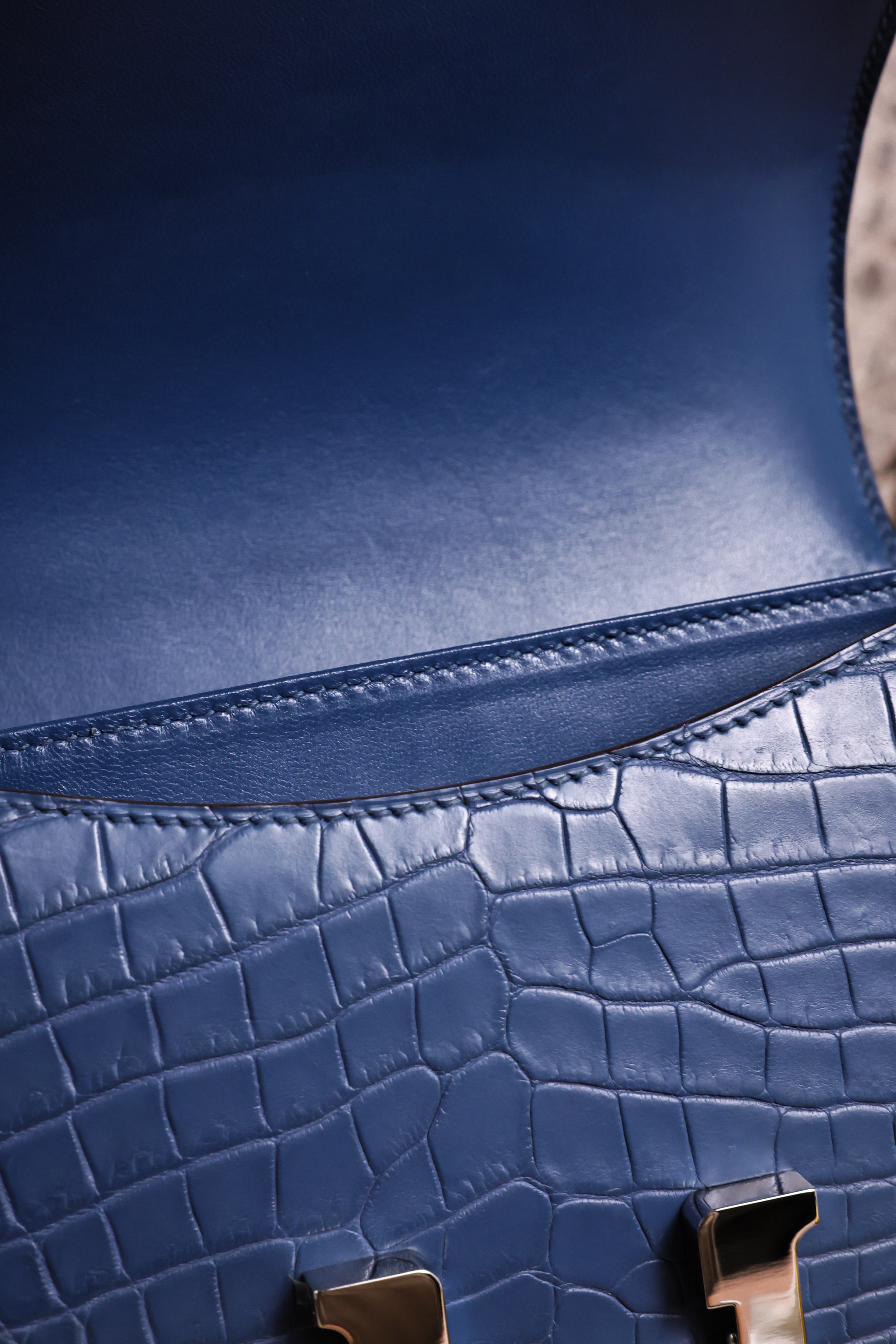 Constance- All Handmade Golden / Sliver Ocean blue Crocodile leather