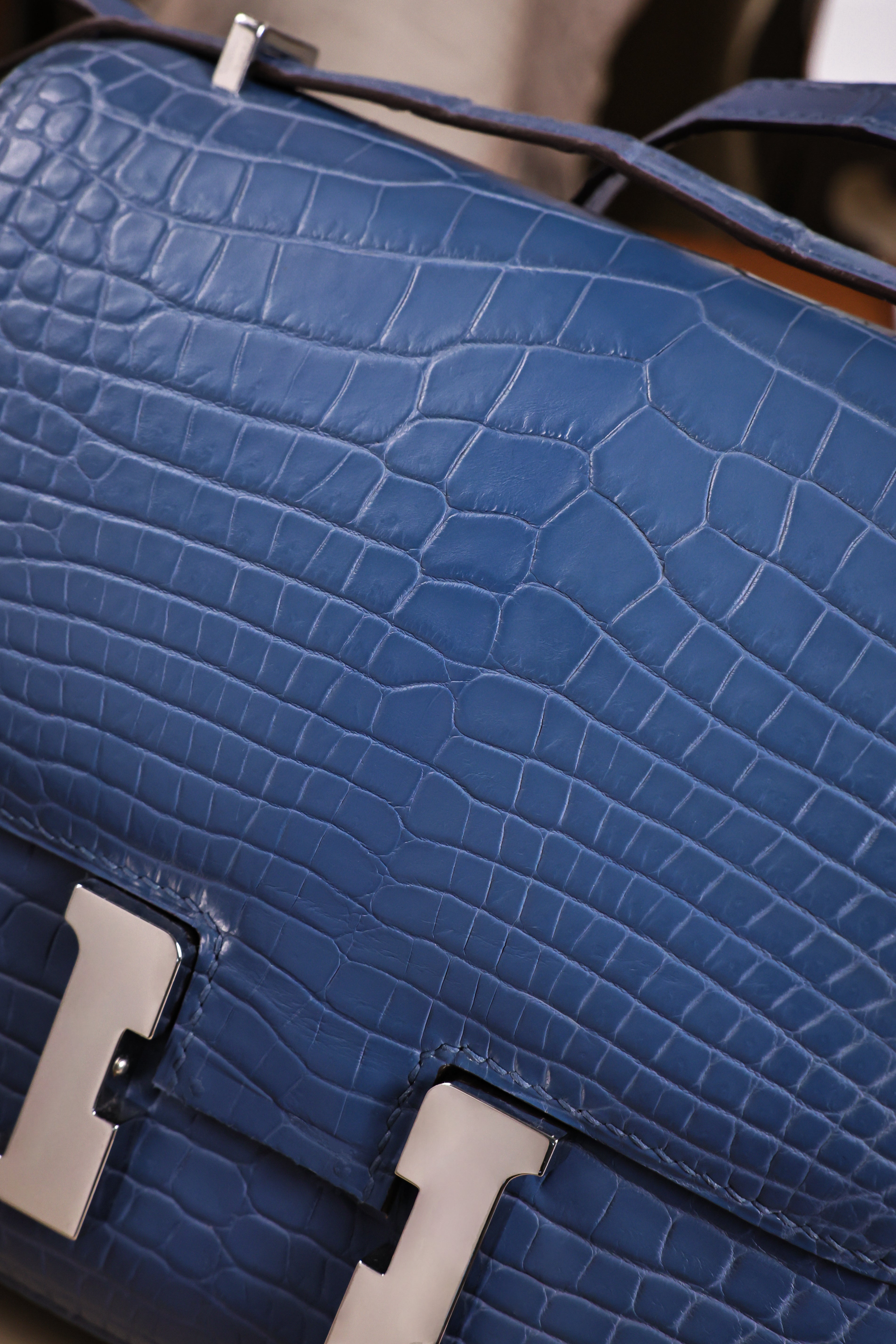 Constance- All Handmade Golden / Sliver Ocean blue Crocodile leather