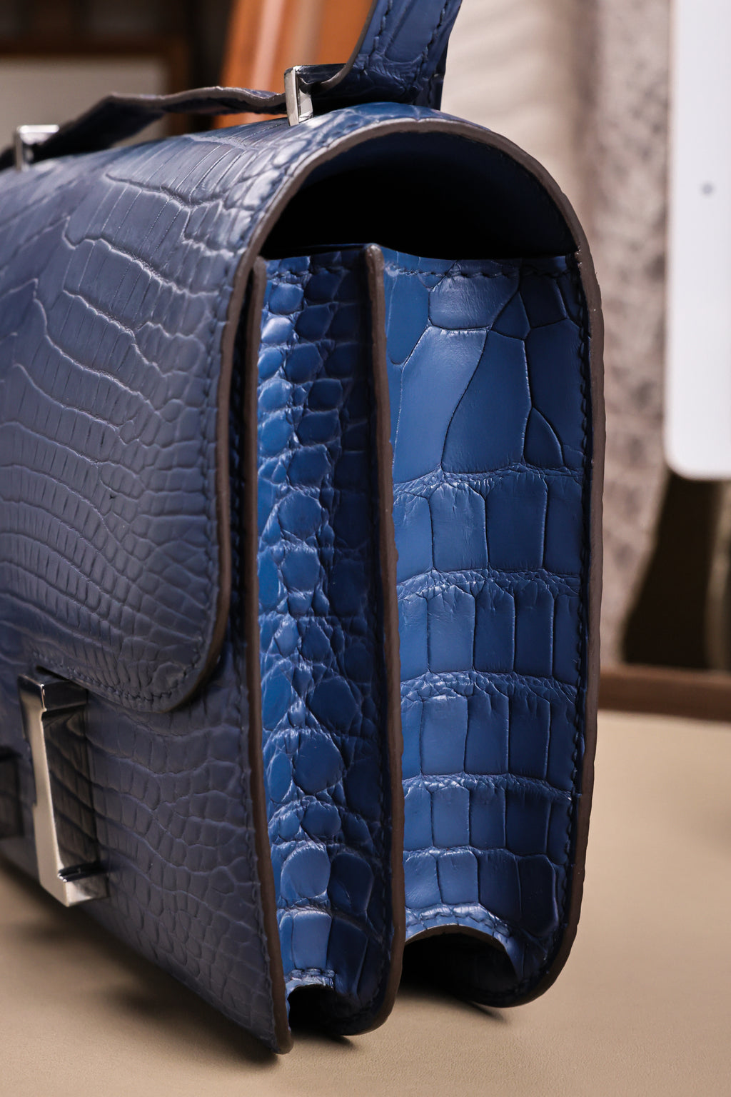 Constance- All Handmade Golden / Sliver Ocean blue Crocodile leather