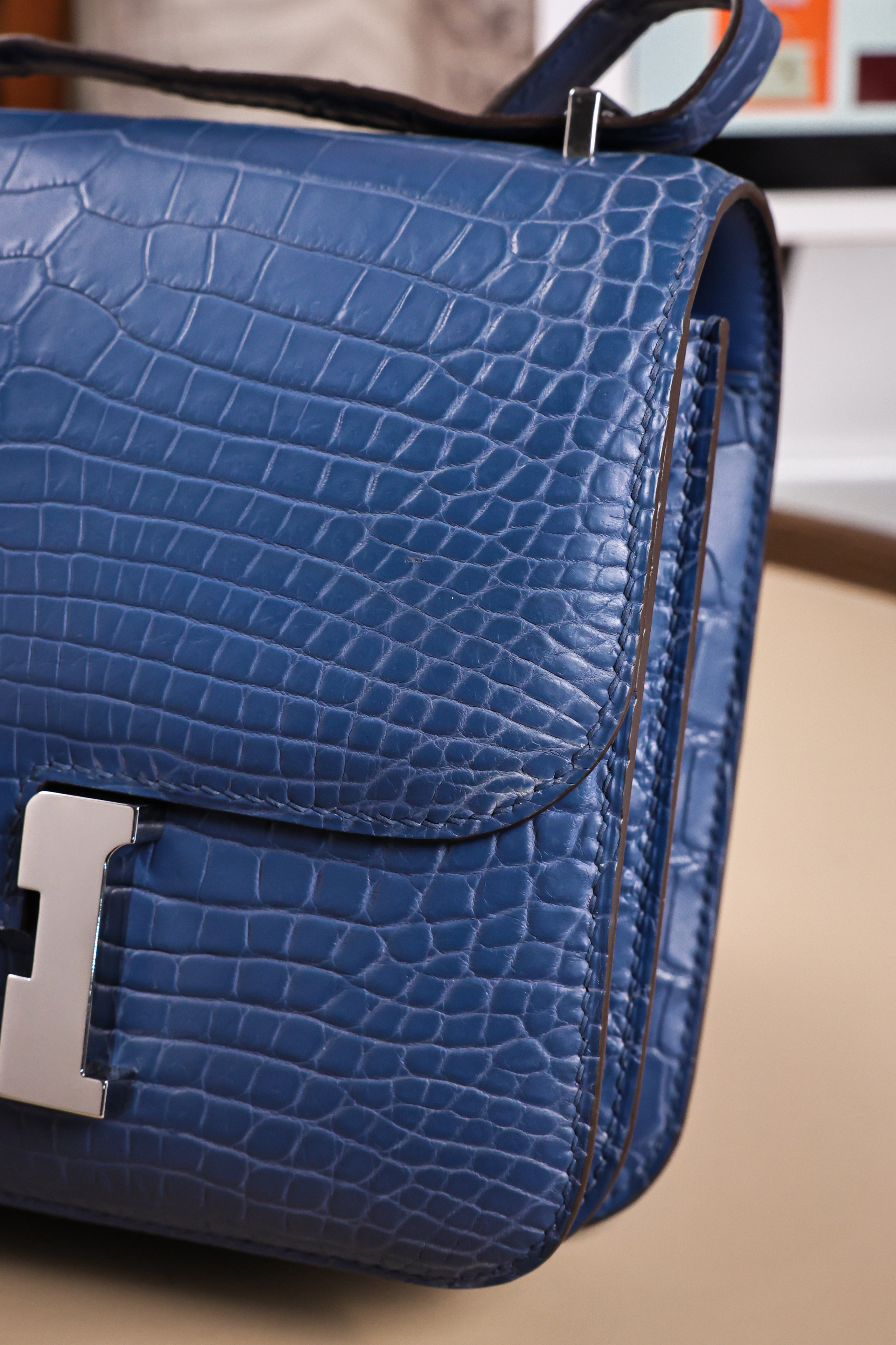 Constance- All Handmade Golden / Sliver Ocean blue Crocodile leather