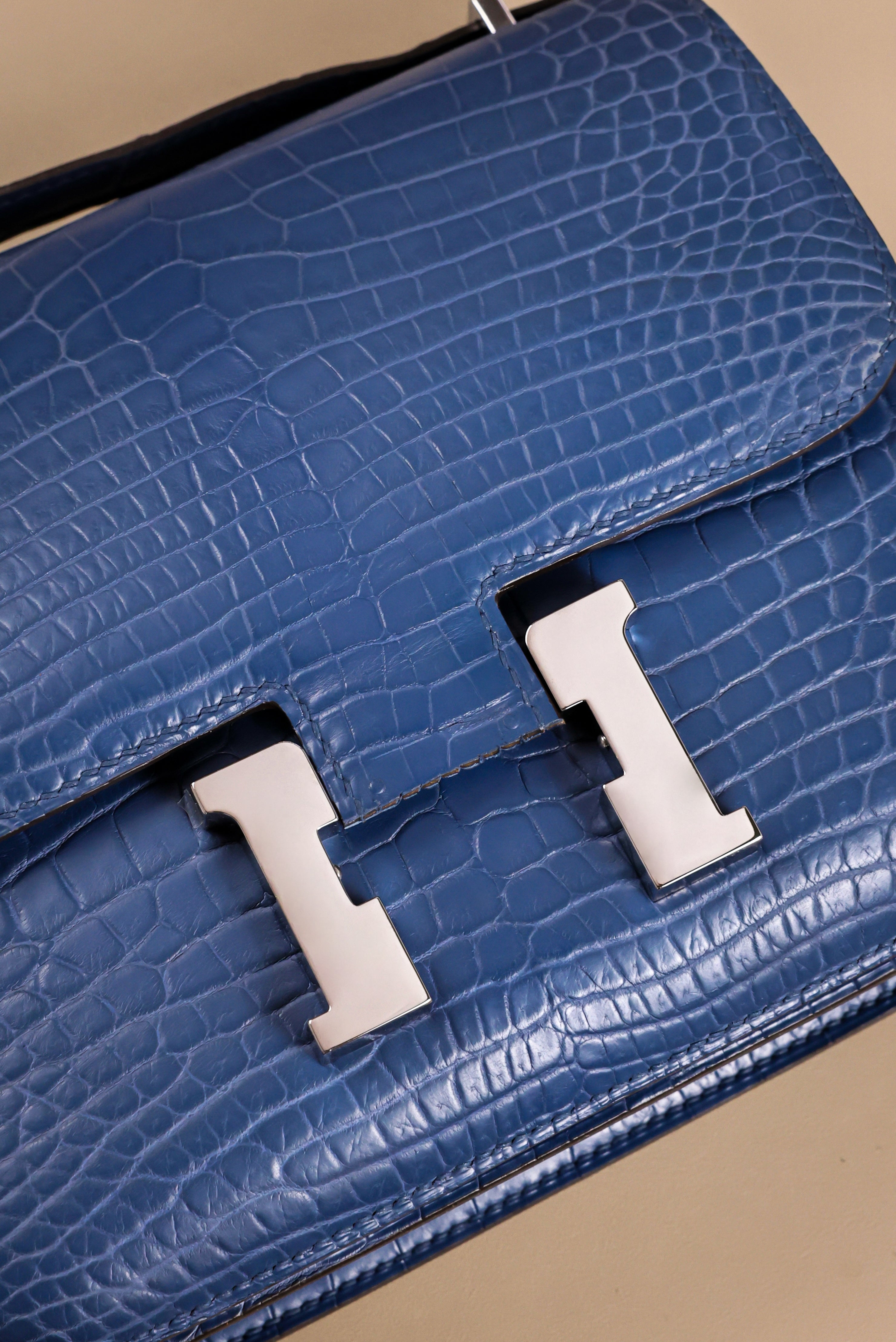 Constance- All Handmade Golden / Sliver Ocean blue Crocodile leather