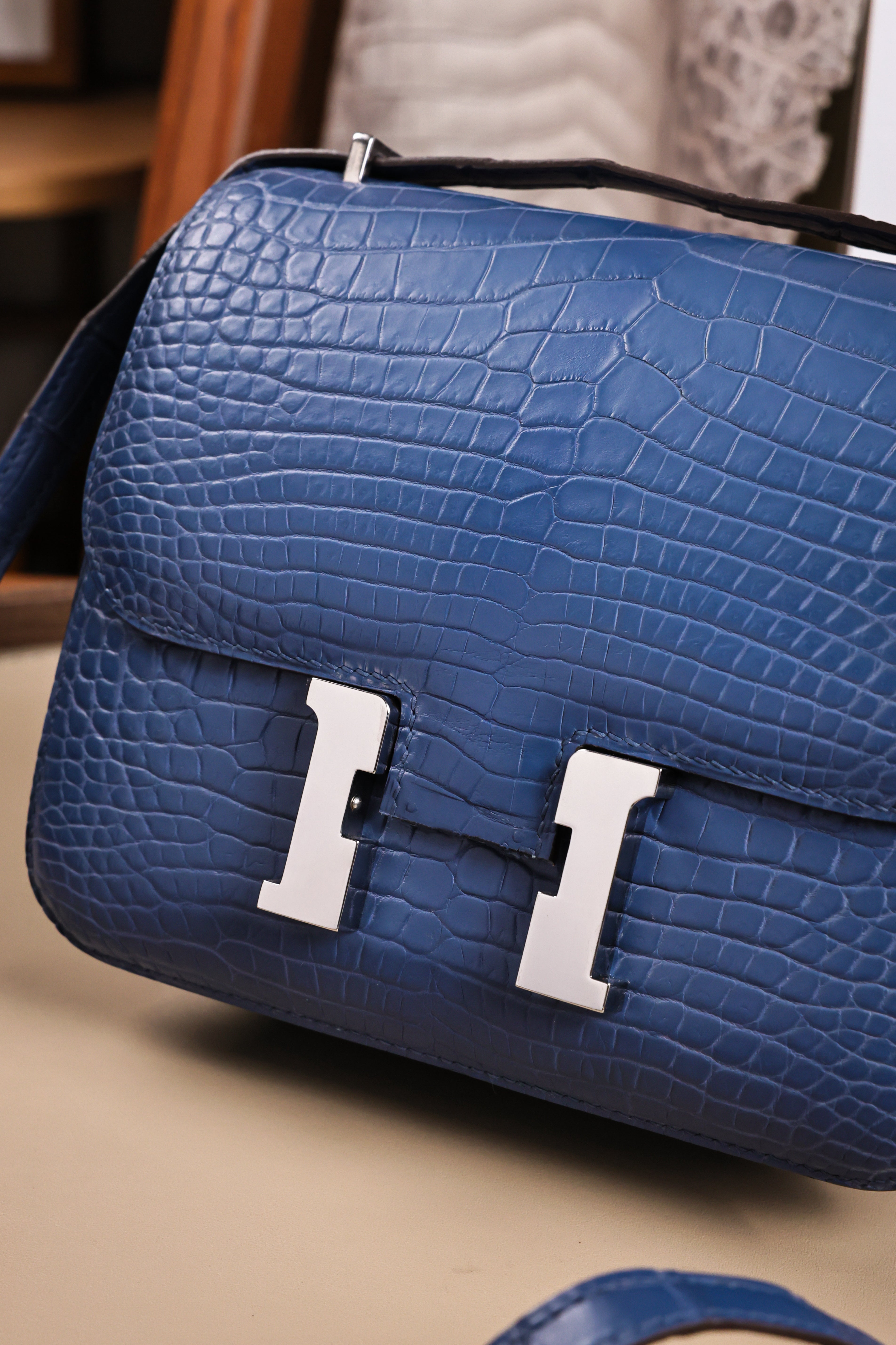 Constance- All Handmade Golden / Sliver Ocean blue Crocodile leather