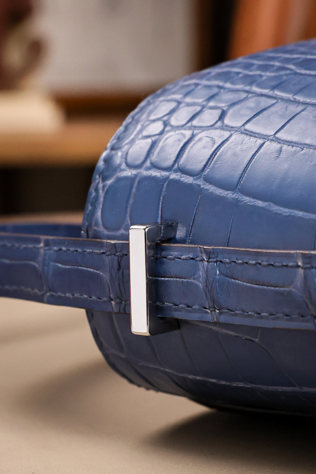 Constance- All Handmade Golden / Sliver Ocean blue Crocodile leather