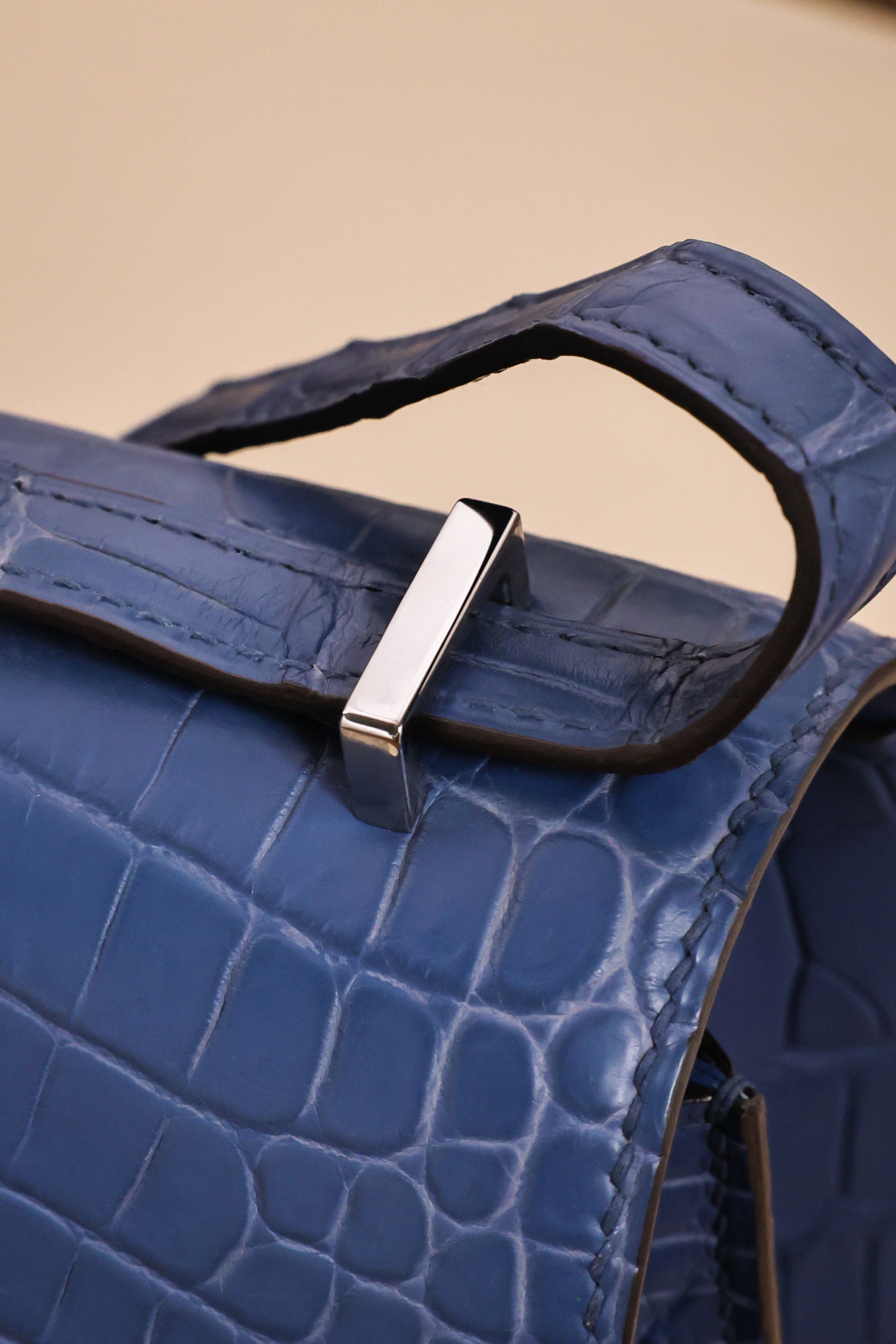 Constance- All Handmade Golden / Sliver Ocean blue Crocodile leather