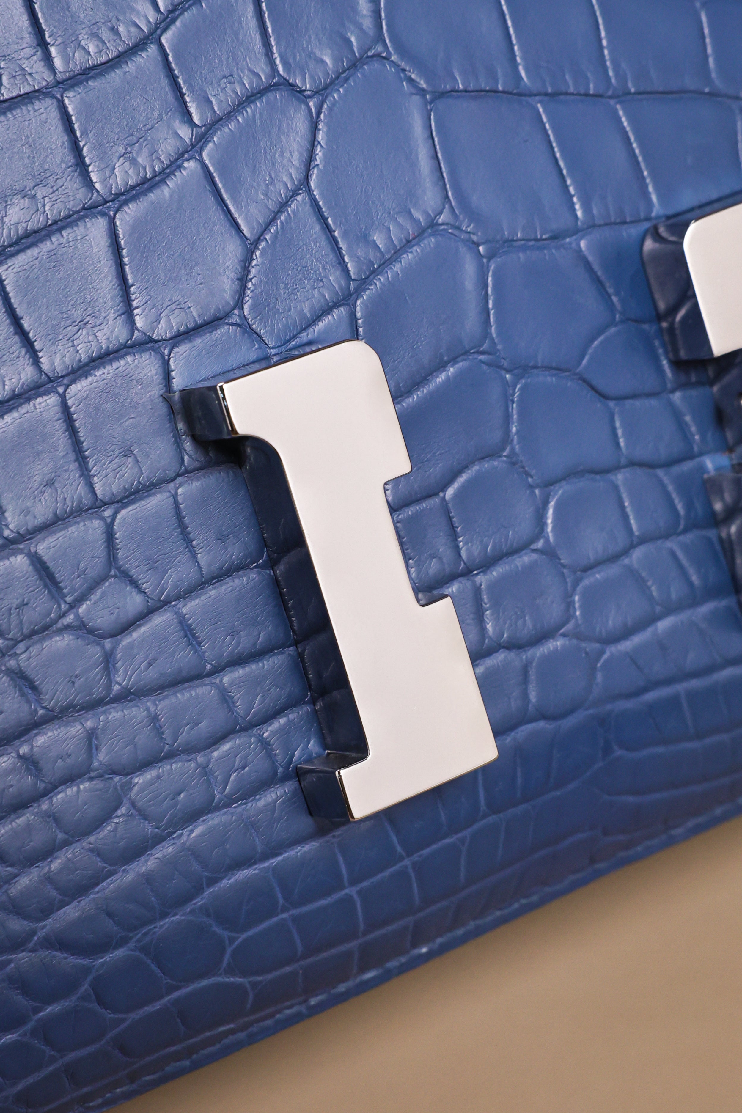 Constance- All Handmade Golden / Sliver Ocean blue Crocodile leather