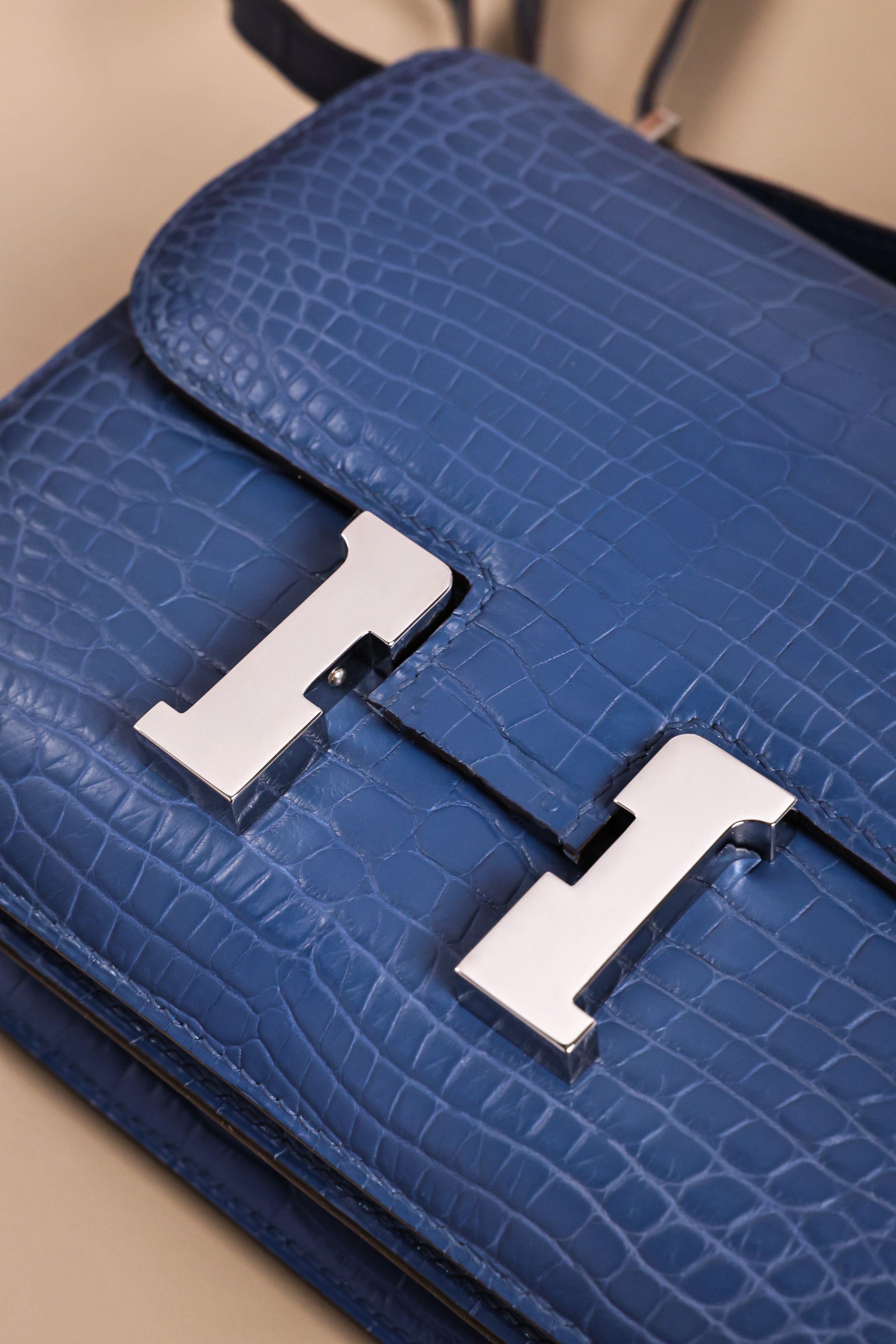 Constance- All Handmade Golden / Sliver Ocean blue Crocodile leather