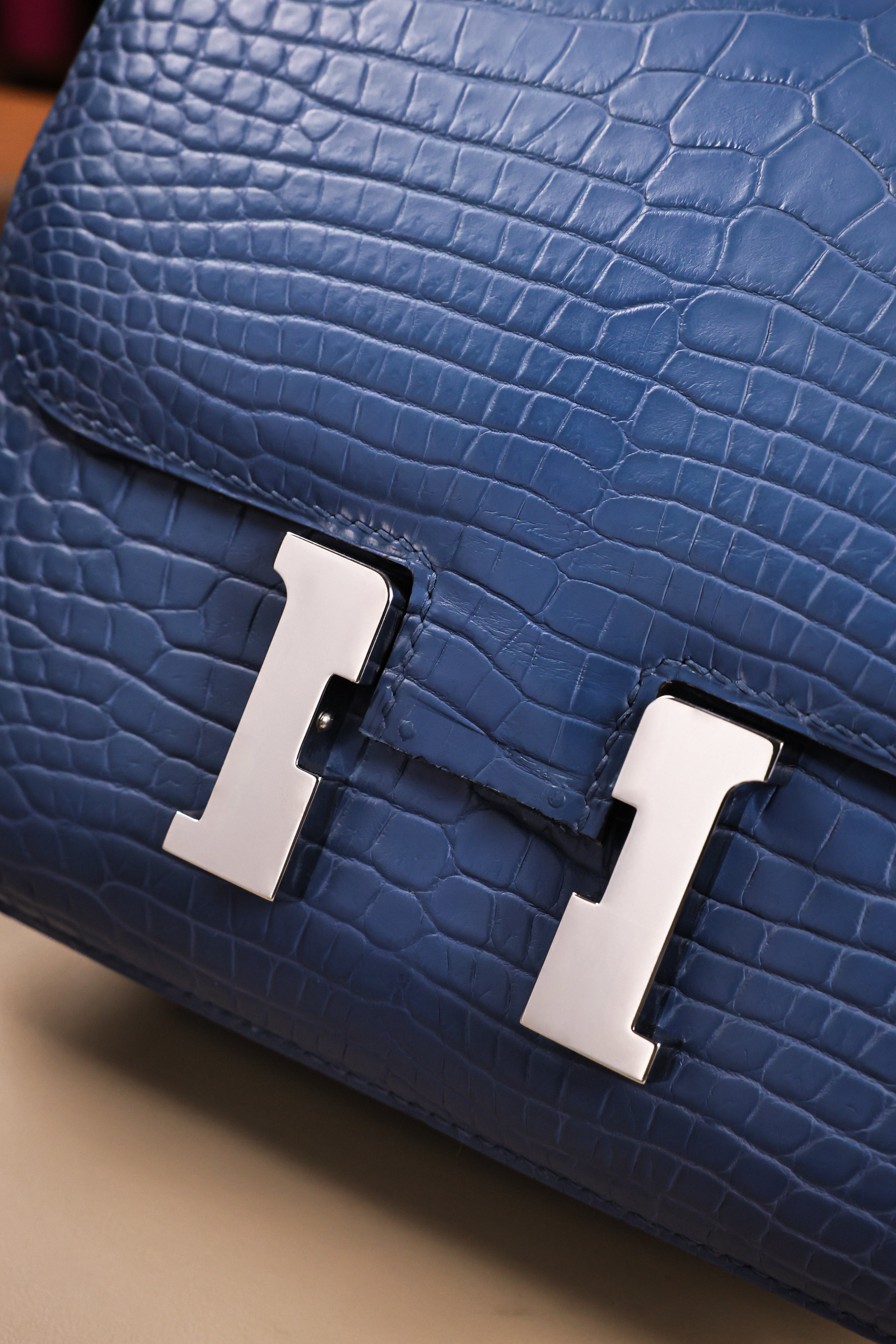 Constance- All Handmade Golden / Sliver Ocean blue Crocodile leather