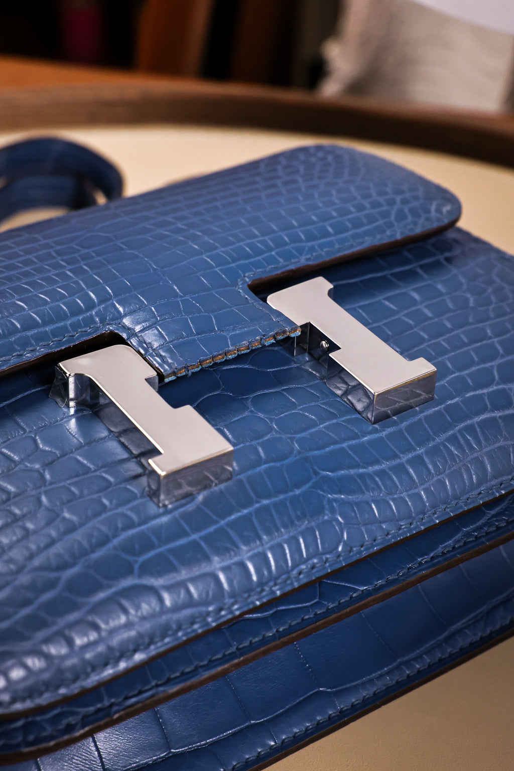 Constance- All Handmade Golden / Sliver Ocean blue Crocodile leather