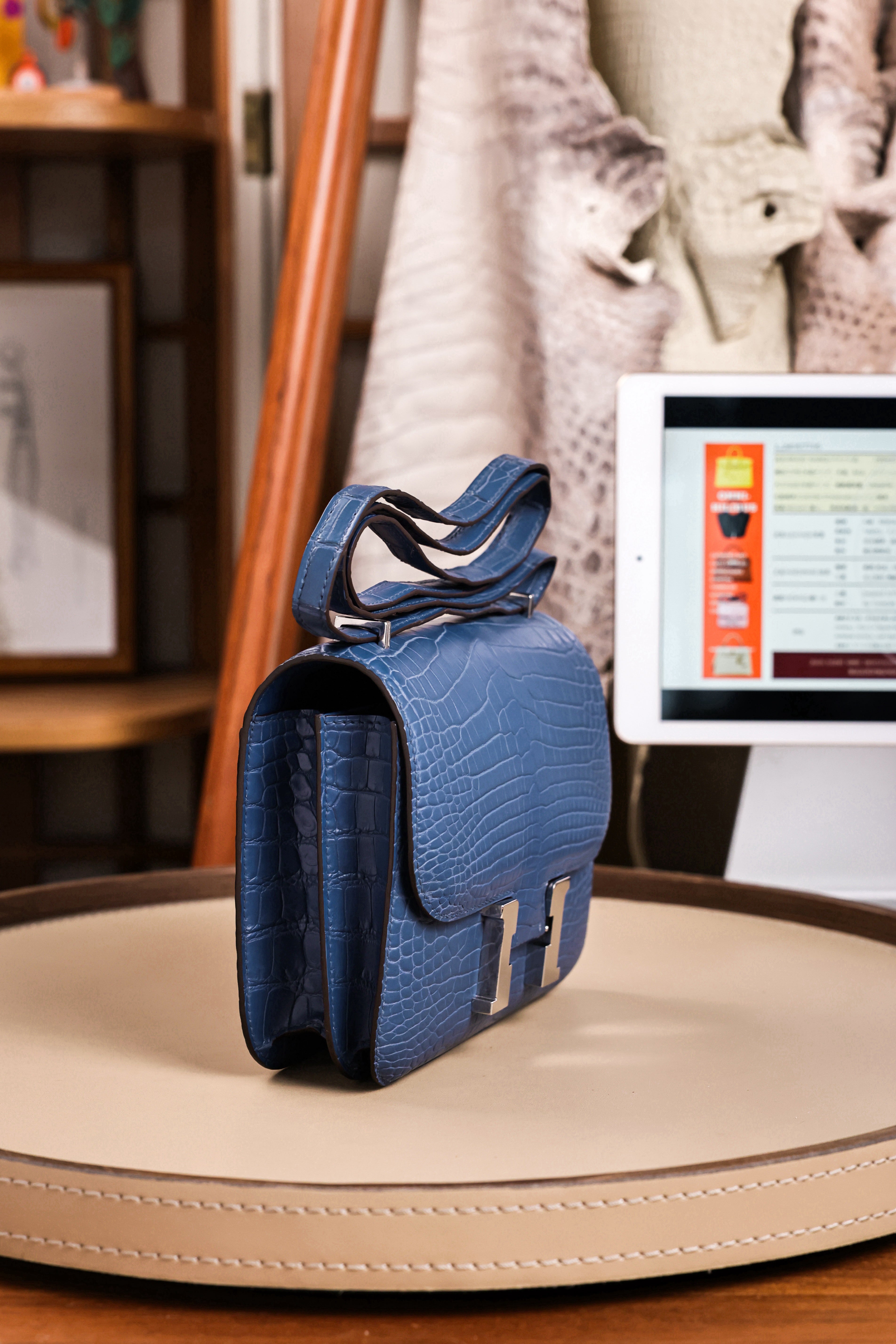 Constance- All Handmade Golden / Sliver Ocean blue Crocodile leather