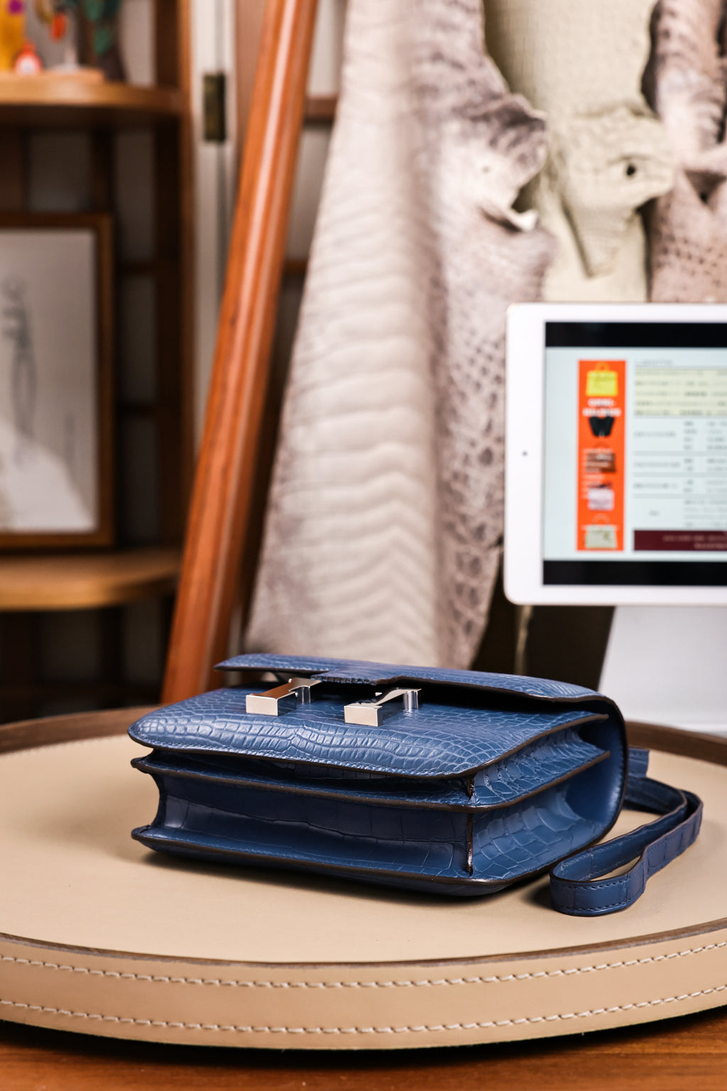 Constance- All Handmade Golden / Sliver Ocean blue Crocodile leather