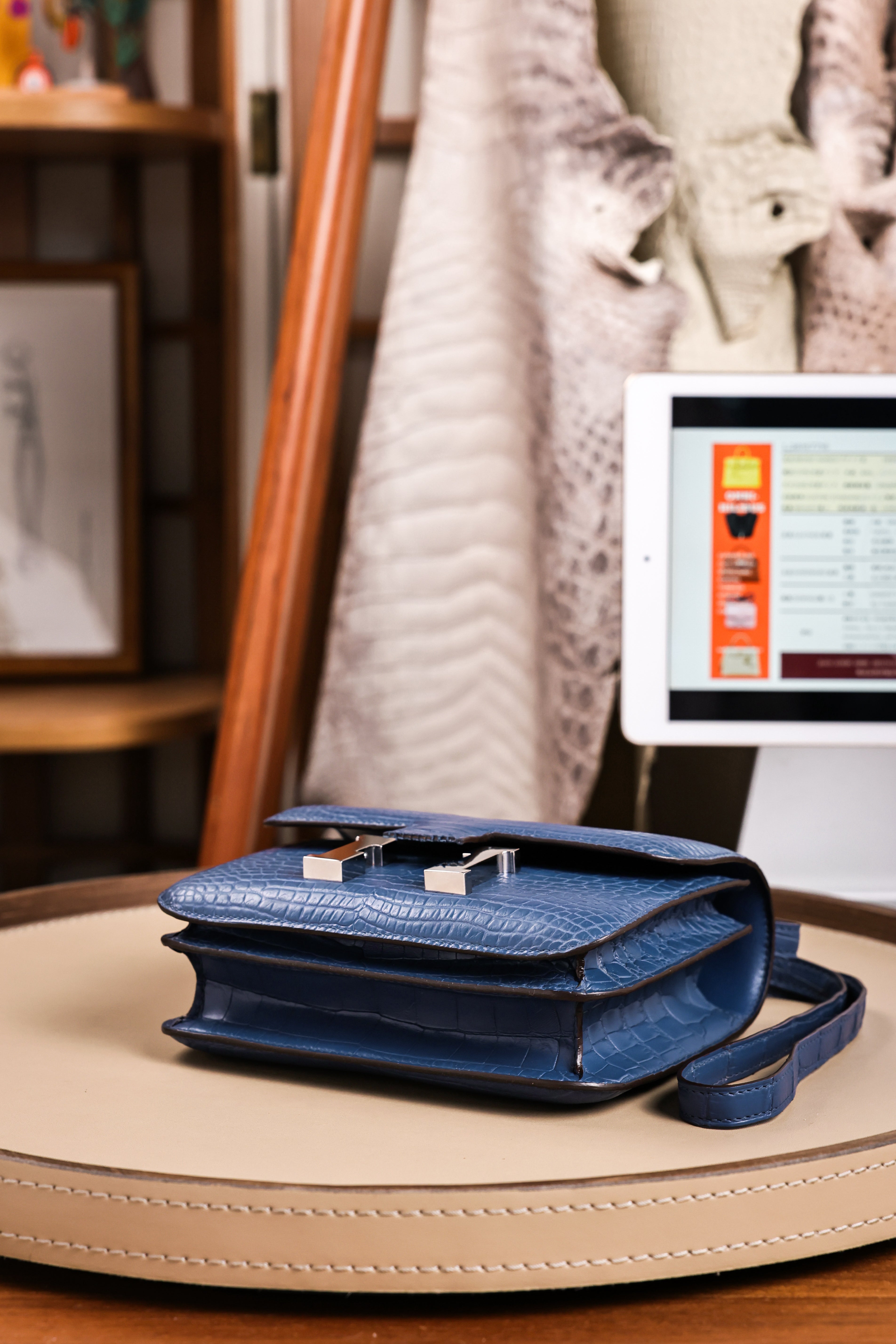 Constance- All Handmade Golden / Sliver Ocean blue Crocodile leather