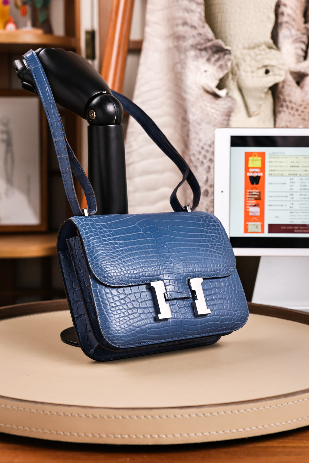 Constance- All Handmade Golden / Sliver Ocean blue Crocodile leather