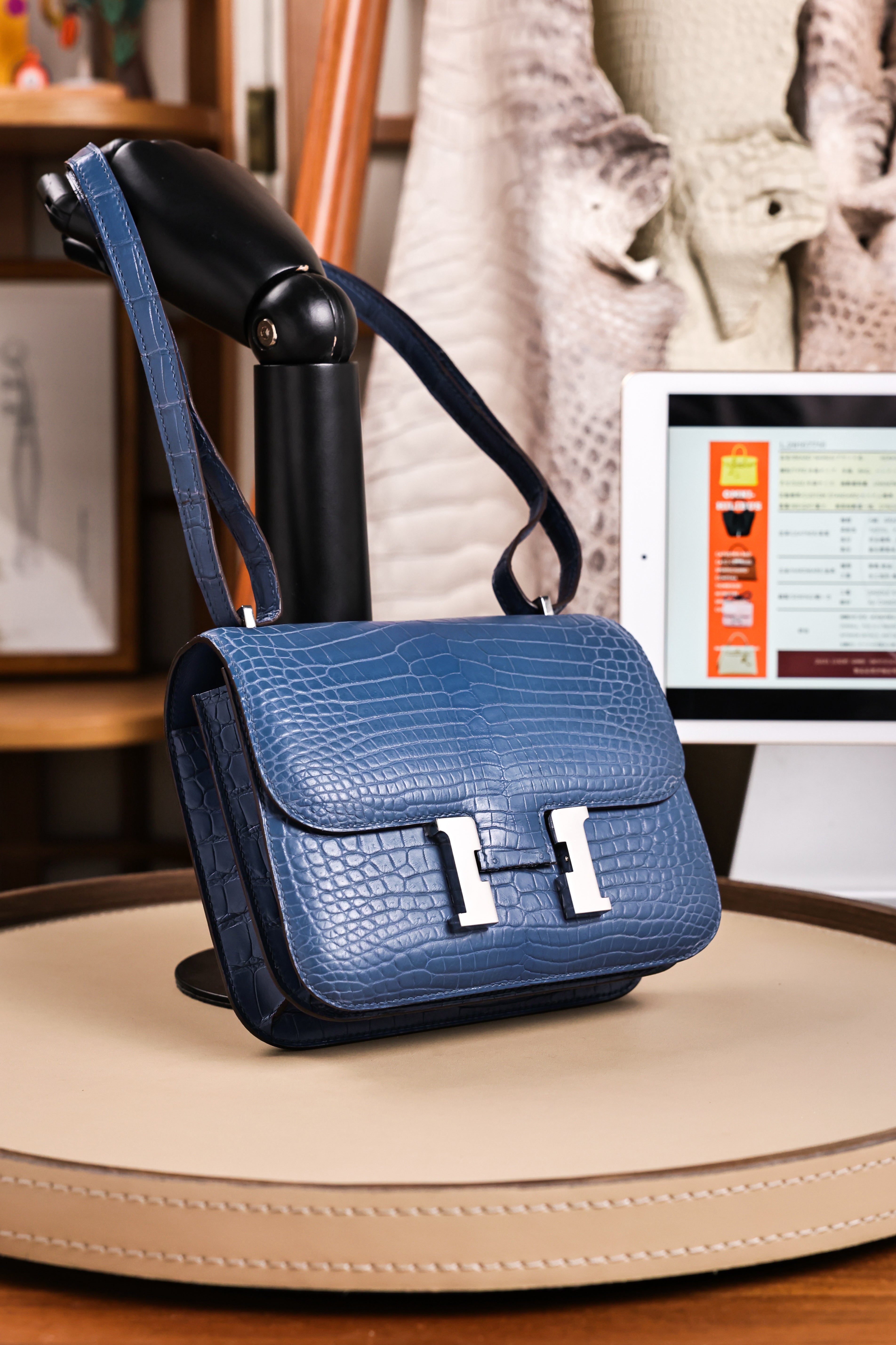 Constance- All Handmade Golden / Sliver Ocean blue Crocodile leather